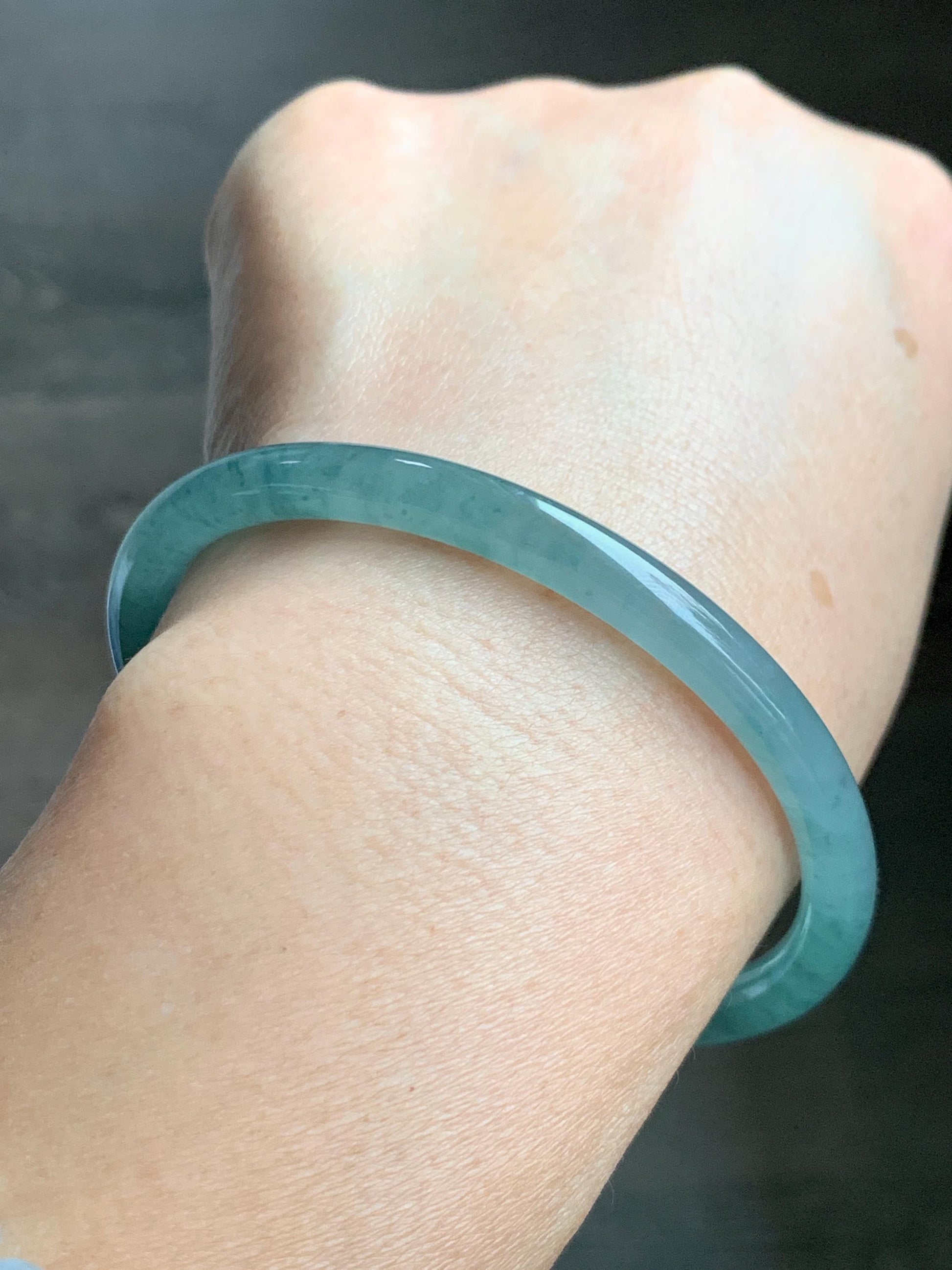 Certified Natural Grade A Guatemalan Icy Translucent Dusty Teal Green Jade Jadeite Slim Bangle 59.3mm 7.33” 18.8g 天然冰危晴蓝翡翠细圆条手镯 461