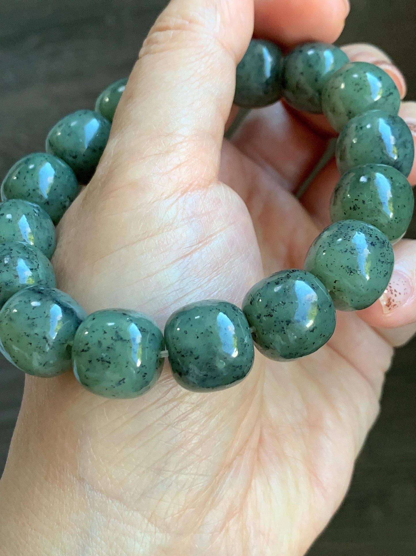 Natural Nephrite Jade Dusty Olive Green & Wuji Spotted Translucent Large Drum Beads Beaded Bracelet Stretchy 8" 74g 天然和田玉鼓珠手串 HTWL168