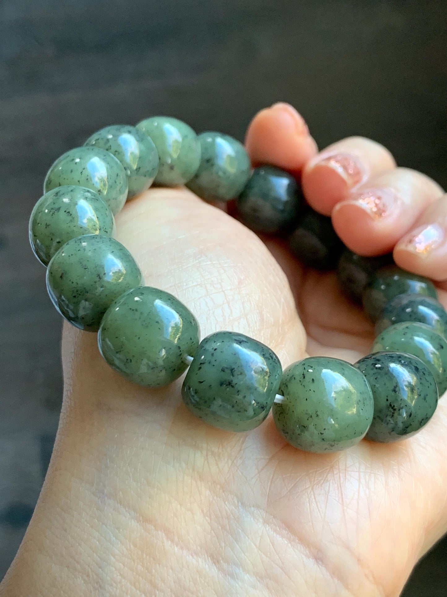 Natural Nephrite Jade Dusty Olive Green & Wuji Spotted Translucent Large Drum Beads Beaded Bracelet Stretchy 8" 74g 天然和田玉鼓珠手串 HTWL168