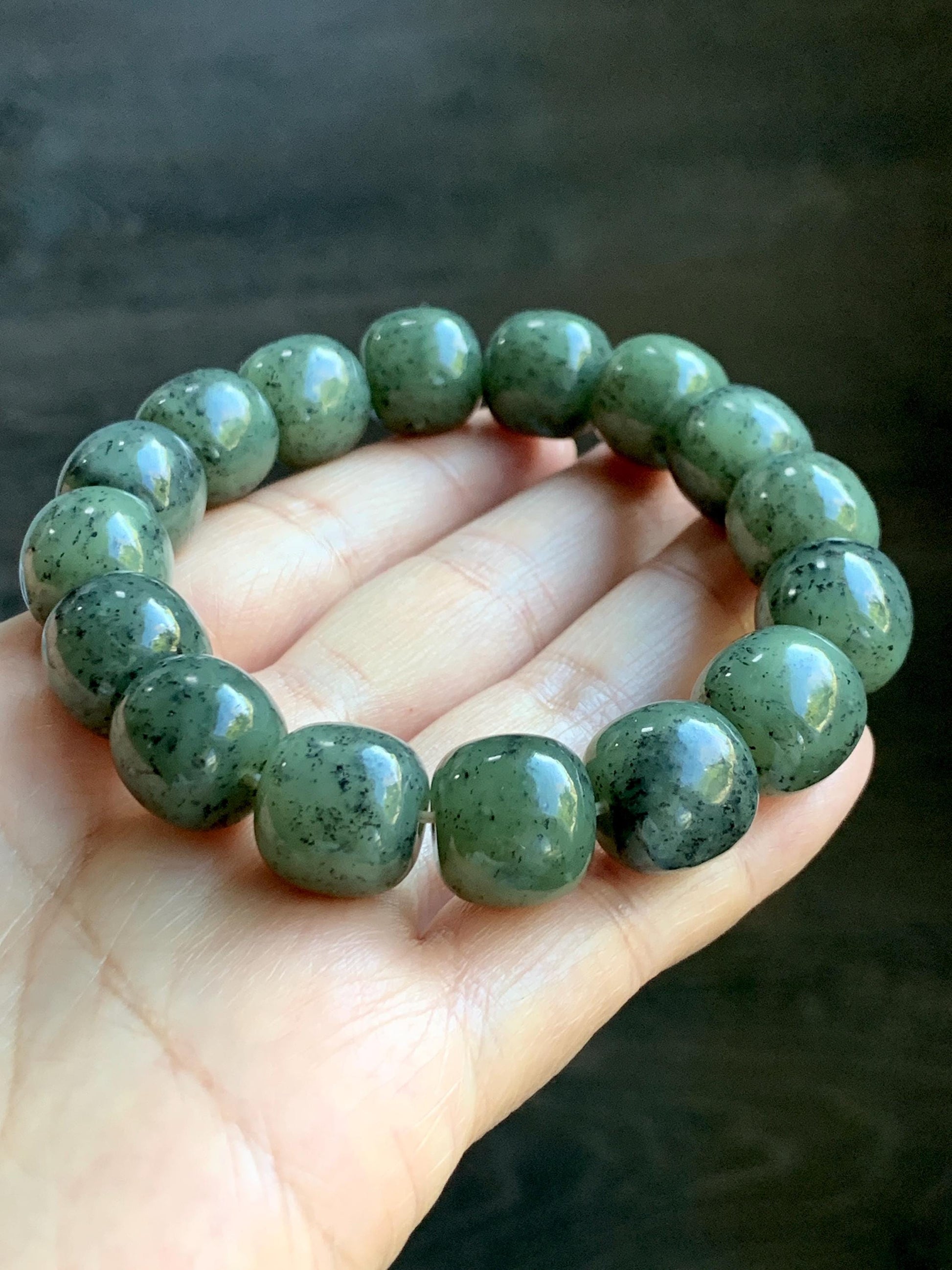 Natural Nephrite Jade Dusty Olive Green & Wuji Spotted Translucent Large Drum Beads Beaded Bracelet Stretchy 8" 74g 天然和田玉鼓珠手串 HTWL168