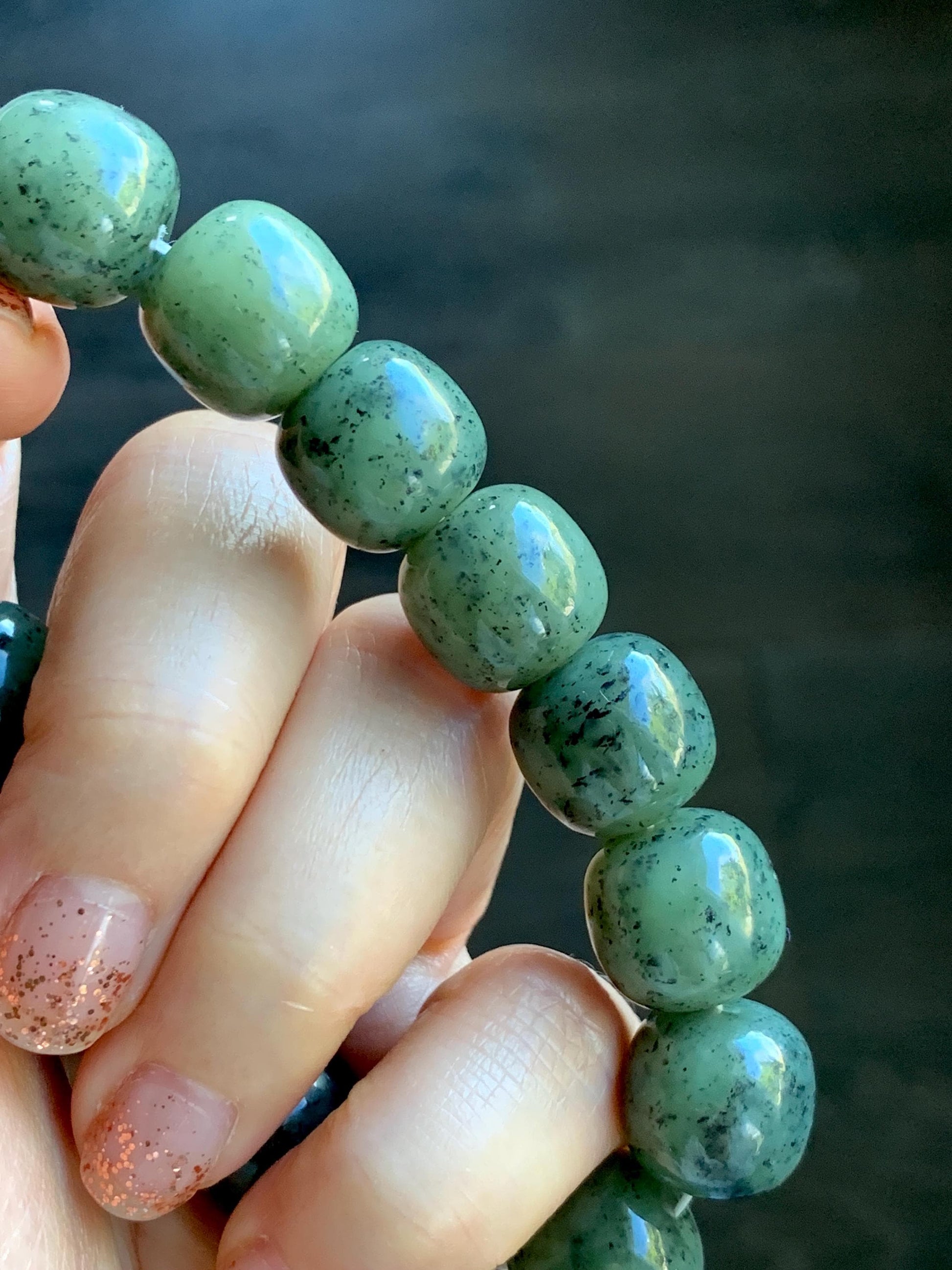 Natural Nephrite Jade Dusty Olive Green & Wuji Spotted Translucent Large Drum Beads Beaded Bracelet Stretchy 8" 74g 天然和田玉鼓珠手串 HTWL168