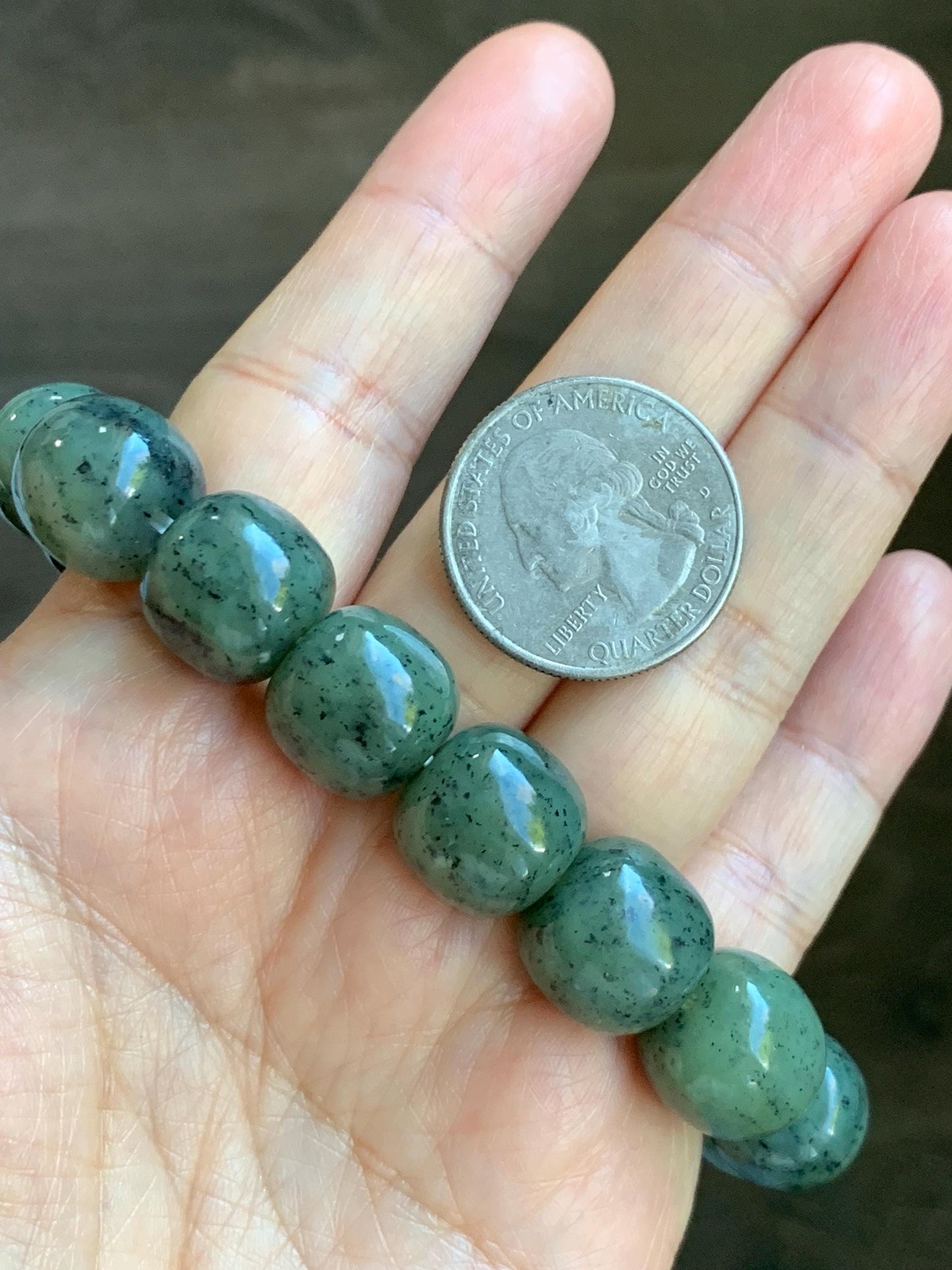 Natural Nephrite Jade Dusty Olive Green & Wuji Spotted Translucent Large Drum Beads Beaded Bracelet Stretchy 8" 74g 天然和田玉鼓珠手串 HTWL168