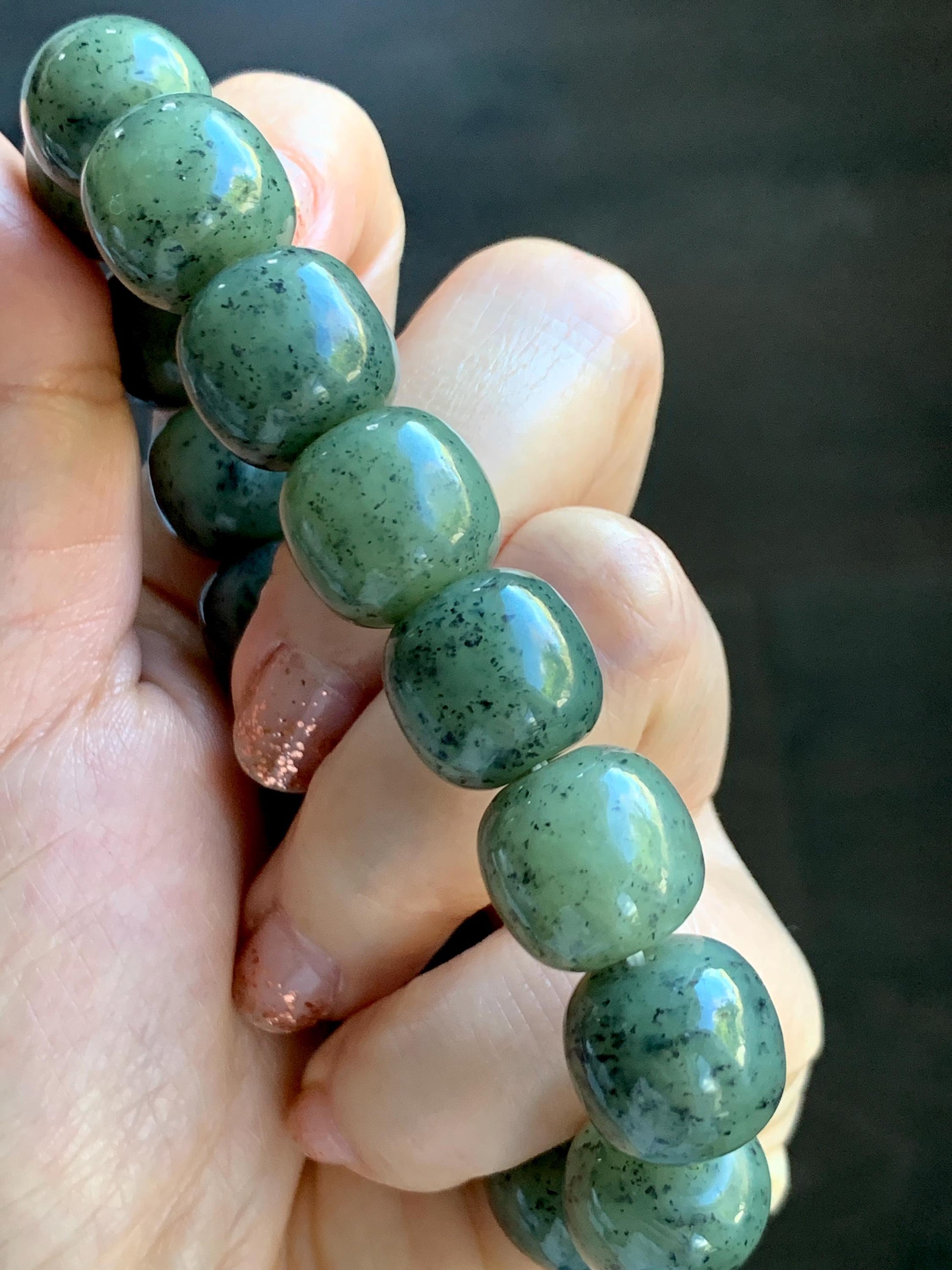 Natural Nephrite Jade Dusty Olive Green & Wuji Spotted Translucent Large Drum Beads Beaded Bracelet Stretchy 8" 74g 天然和田玉鼓珠手串 HTWL168