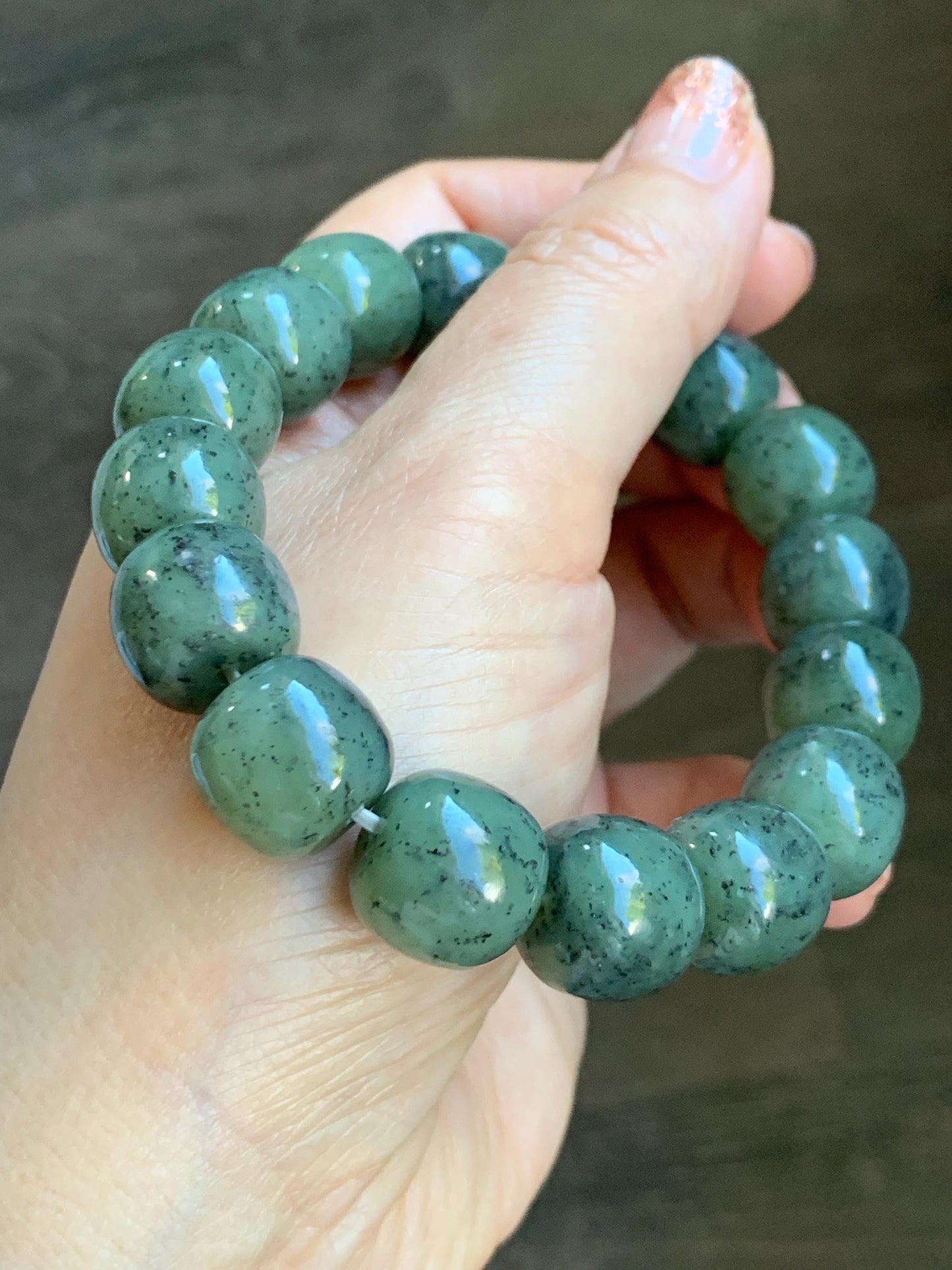 Natural Nephrite Jade Dusty Olive Green & Wuji Spotted Translucent Large Drum Beads Beaded Bracelet Stretchy 8" 74g 天然和田玉鼓珠手串 HTWL168
