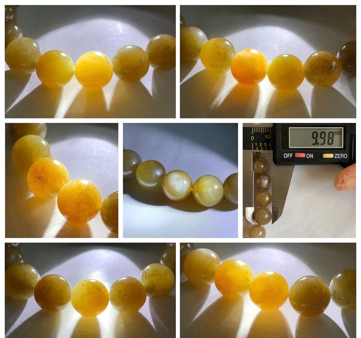 Natural Nephrite Jade Brown Sugar Translucent Large Round Beads Beaded Bracelet Stretchy 9.8mm 7.5" 29g 天然和田玉糖色圆珠手串 HTT240A