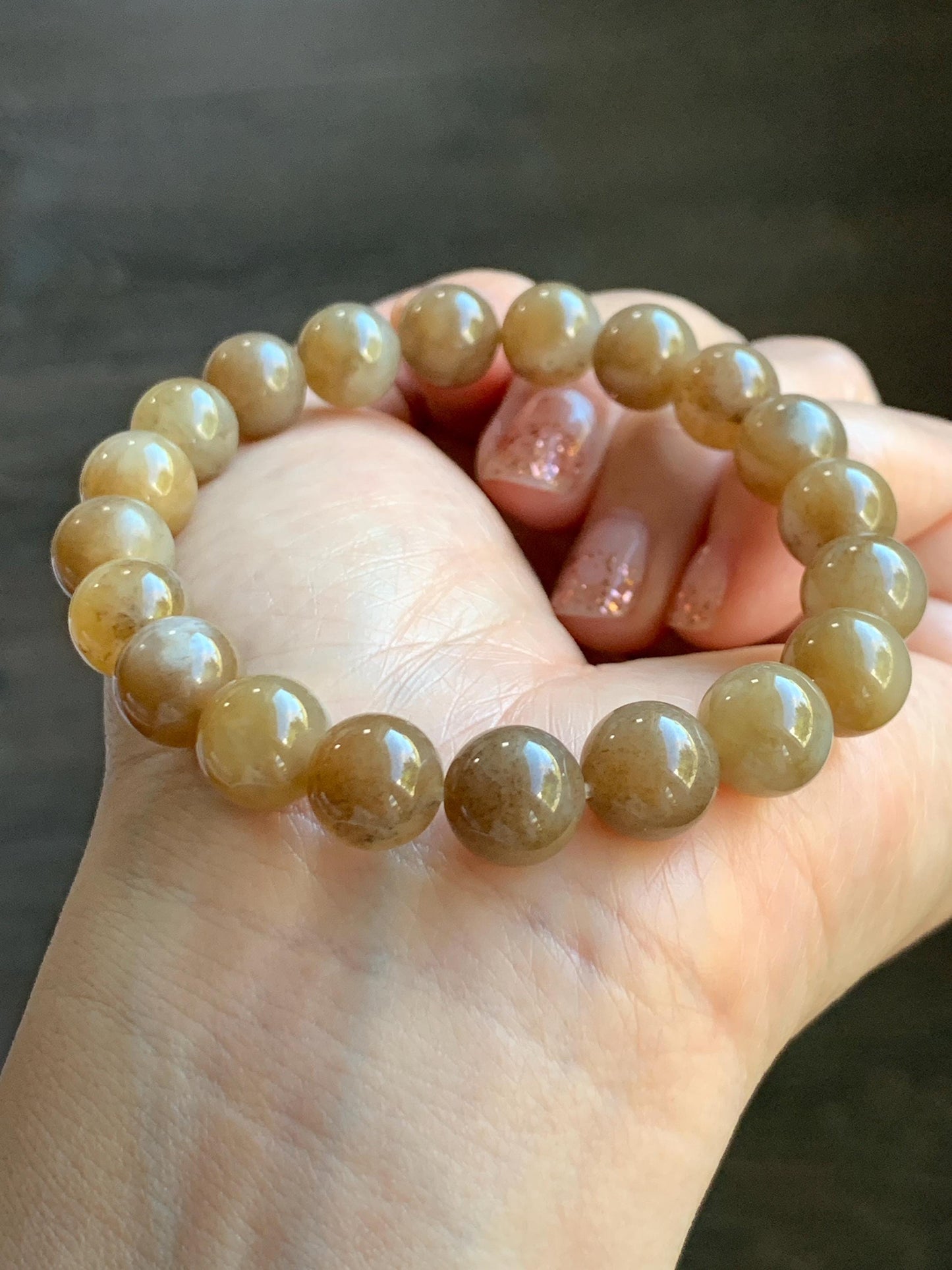 Natural Nephrite Jade Brown Sugar Translucent Large Round Beads Beaded Bracelet Stretchy 9.8mm 7.5" 29g 天然和田玉糖色圆珠手串 HTT240A