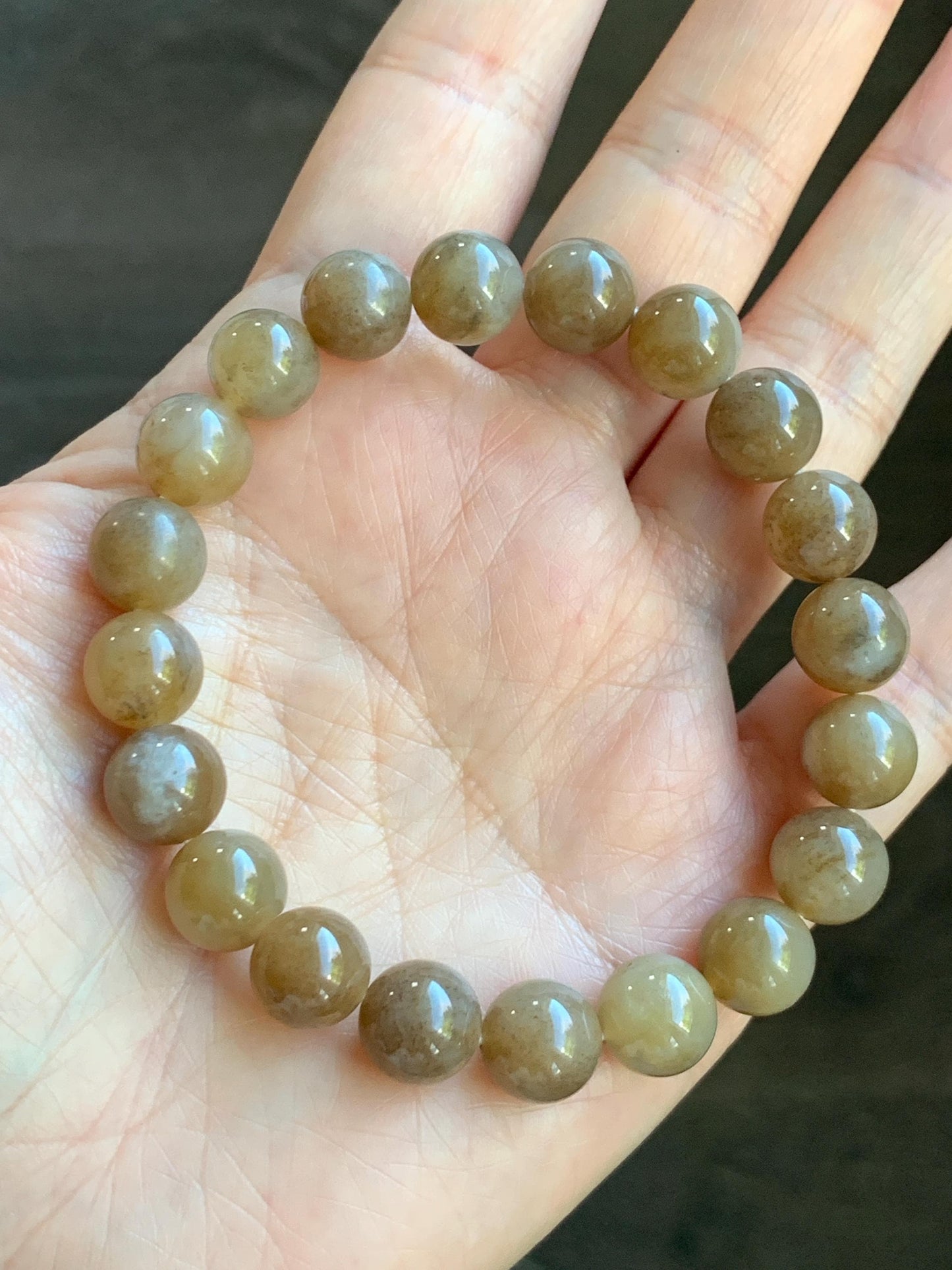 Natural Nephrite Jade Brown Sugar Translucent Large Round Beads Beaded Bracelet Stretchy 9.8mm 7.5" 29g 天然和田玉糖色圆珠手串 HTT240A