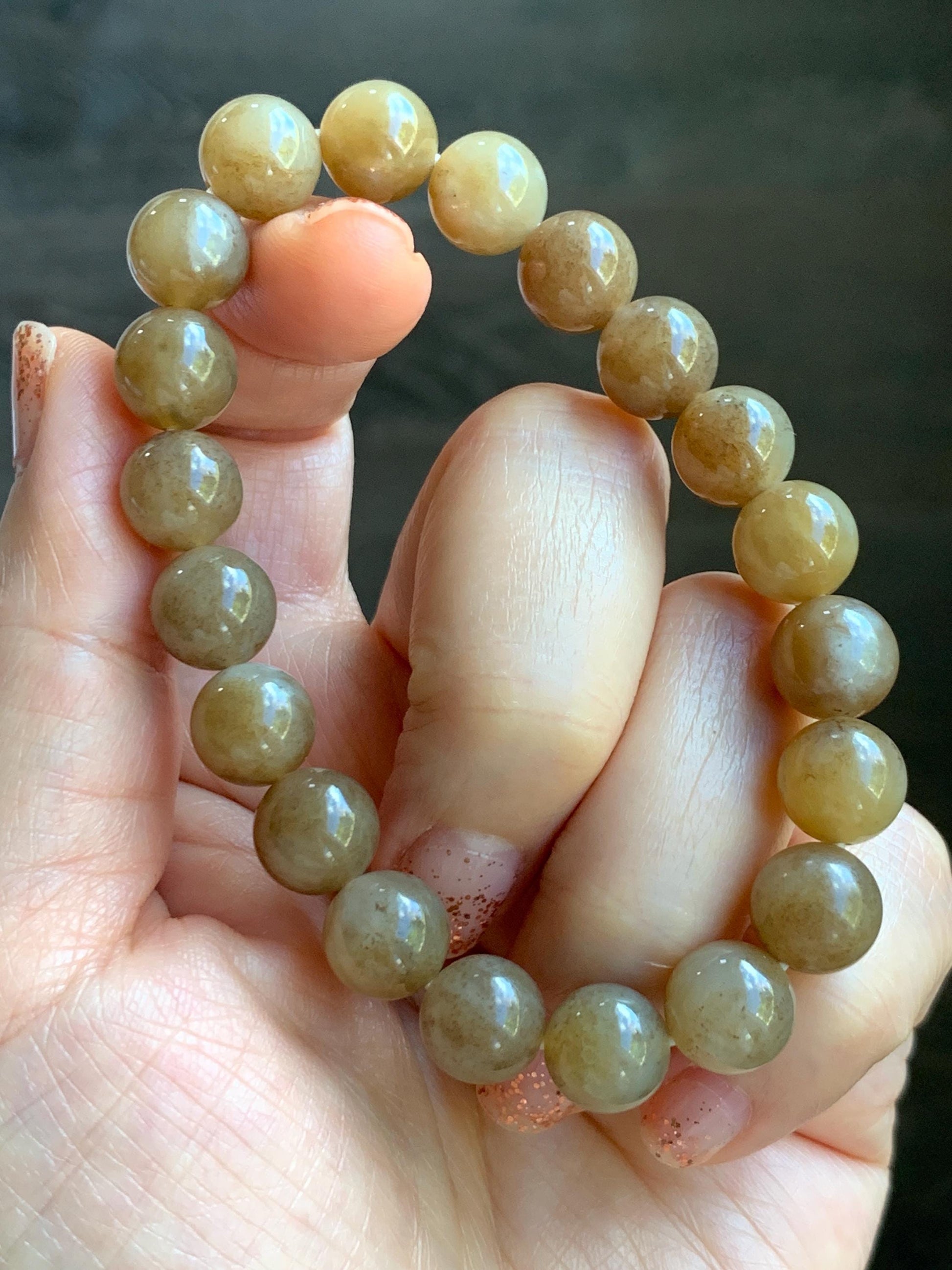 Natural Nephrite Jade Brown Sugar Translucent Large Round Beads Beaded Bracelet Stretchy 9.8mm 7.5" 29g 天然和田玉糖色圆珠手串 HTT240A