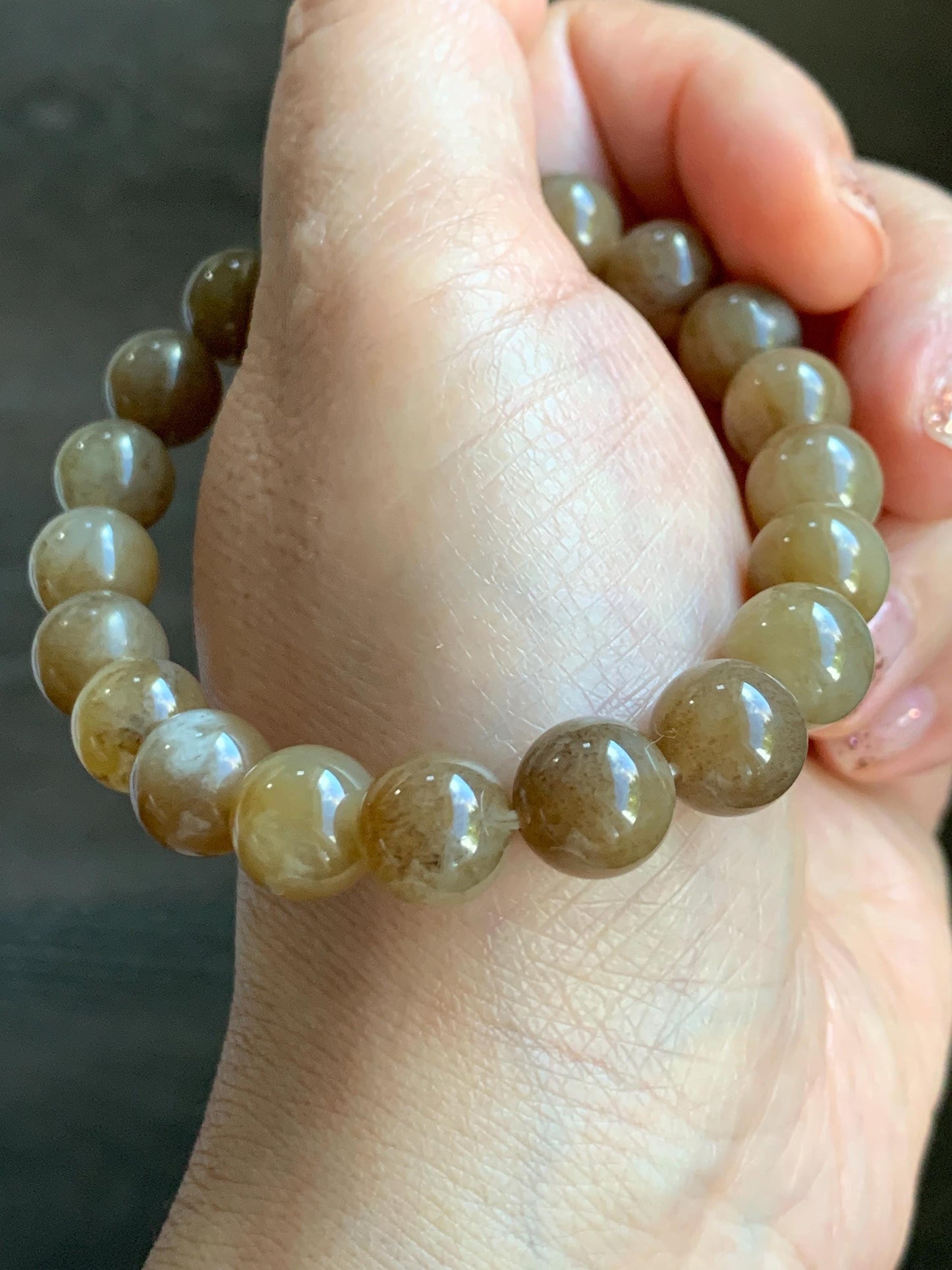Natural Nephrite Jade Brown Sugar Translucent Large Round Beads Beaded Bracelet Stretchy 9.8mm 7.5" 29g 天然和田玉糖色圆珠手串 HTT240A