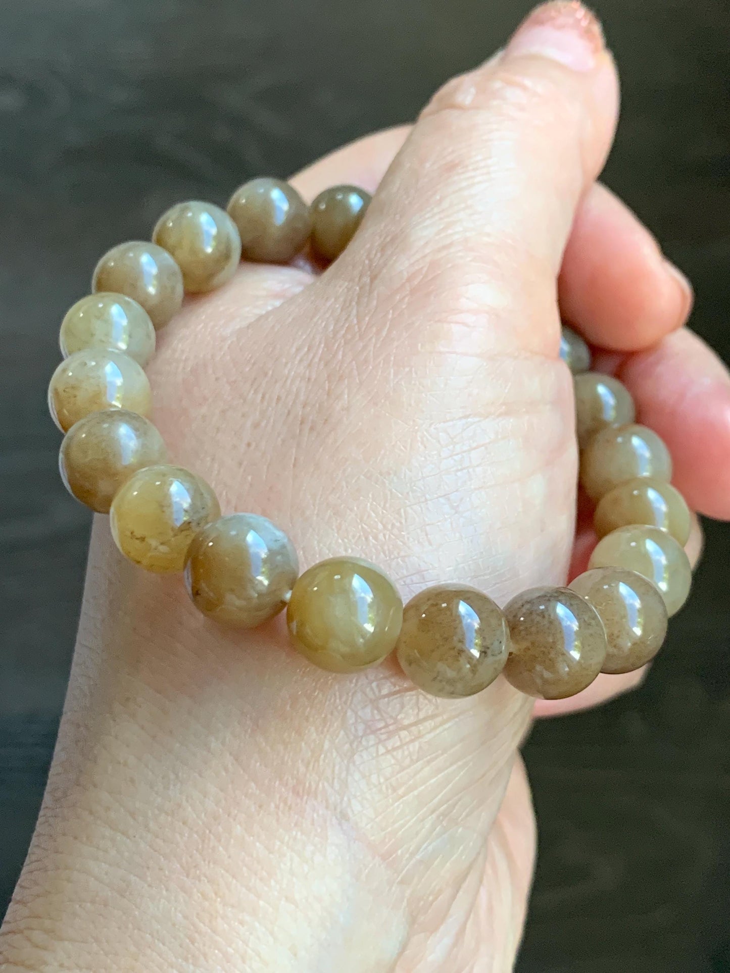 Natural Nephrite Jade Brown Sugar Translucent Large Round Beads Beaded Bracelet Stretchy 9.8mm 7.5" 29g 天然和田玉糖色圆珠手串 HTT240A