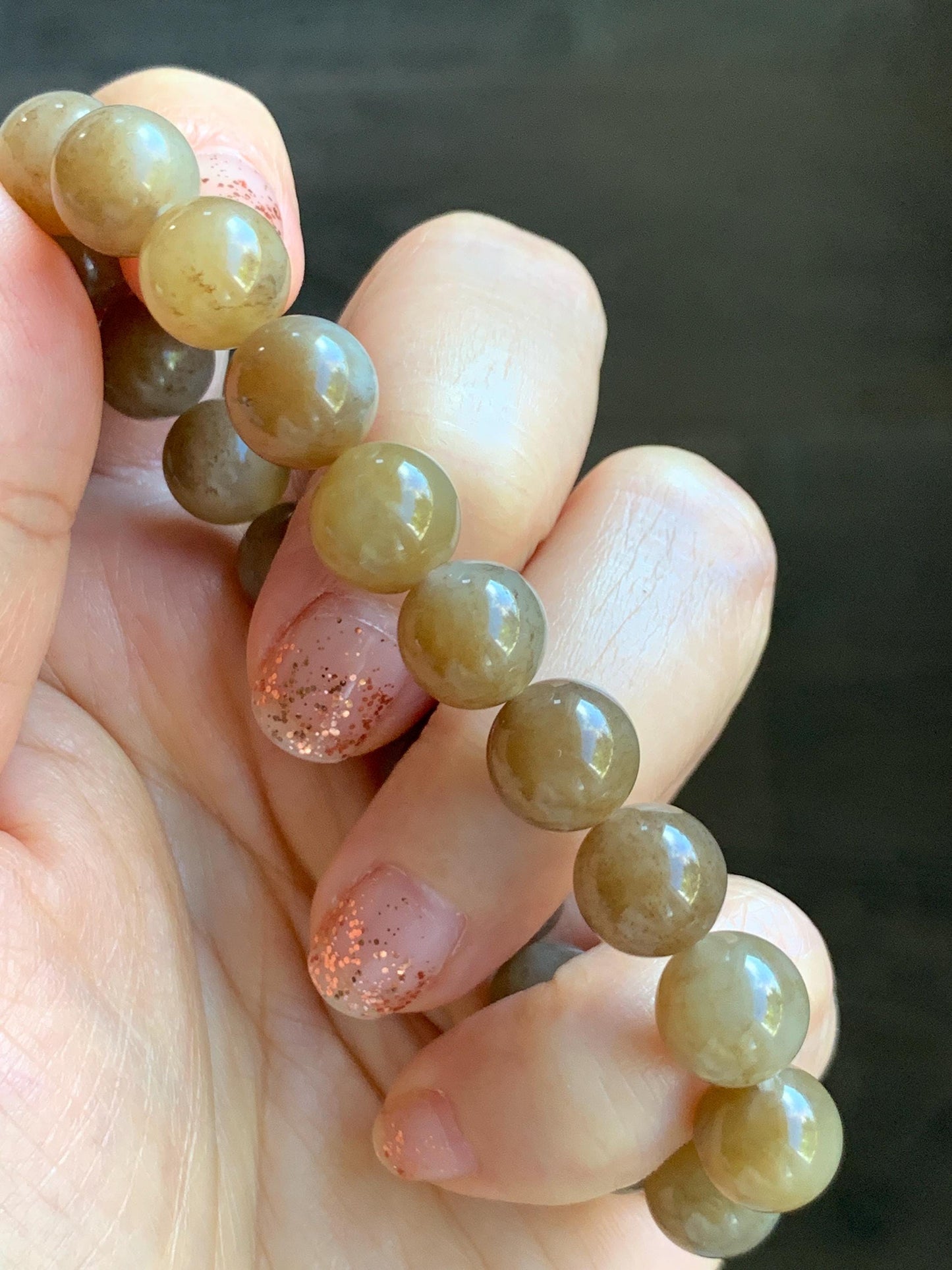Natural Nephrite Jade Brown Sugar Translucent Large Round Beads Beaded Bracelet Stretchy 9.8mm 7.5" 29g 天然和田玉糖色圆珠手串 HTT240A