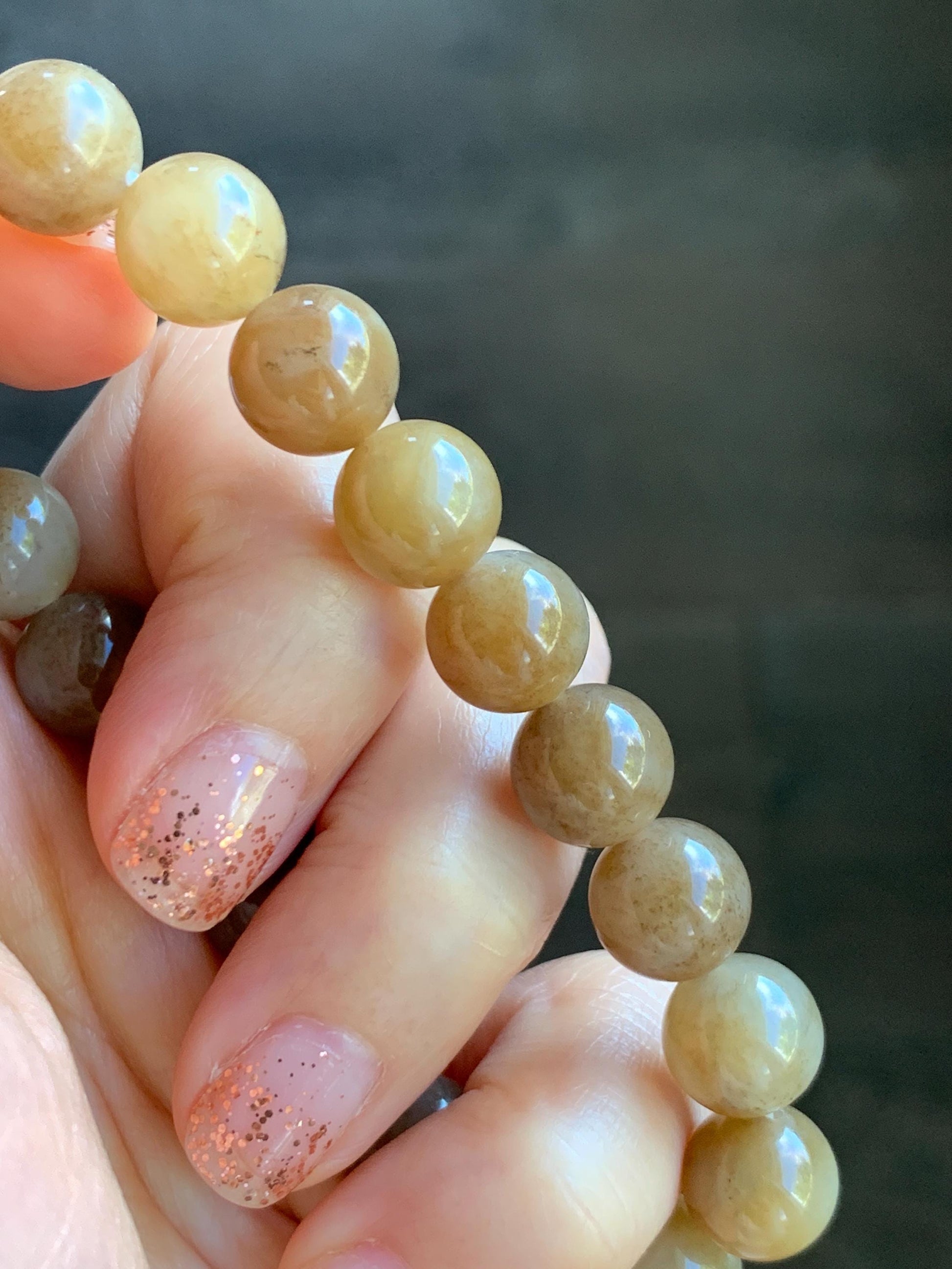 Natural Nephrite Jade Brown Sugar Translucent Large Round Beads Beaded Bracelet Stretchy 9.8mm 7.5" 29g 天然和田玉糖色圆珠手串 HTT240A