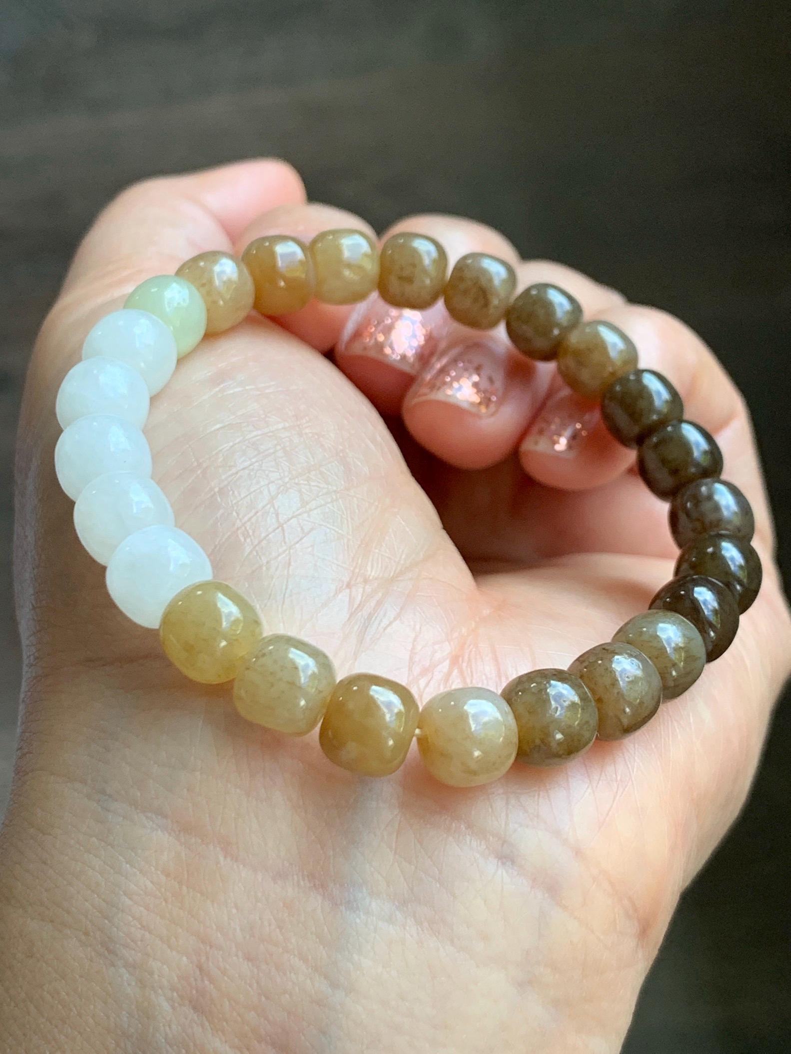 Natural Nephrite Jade Brown Sugar multicolored Translucent Drum Beads Beaded Bracelet Stretchy 6.75" 18g 天然和田玉糖色多宝鼓珠手串 HTT240B