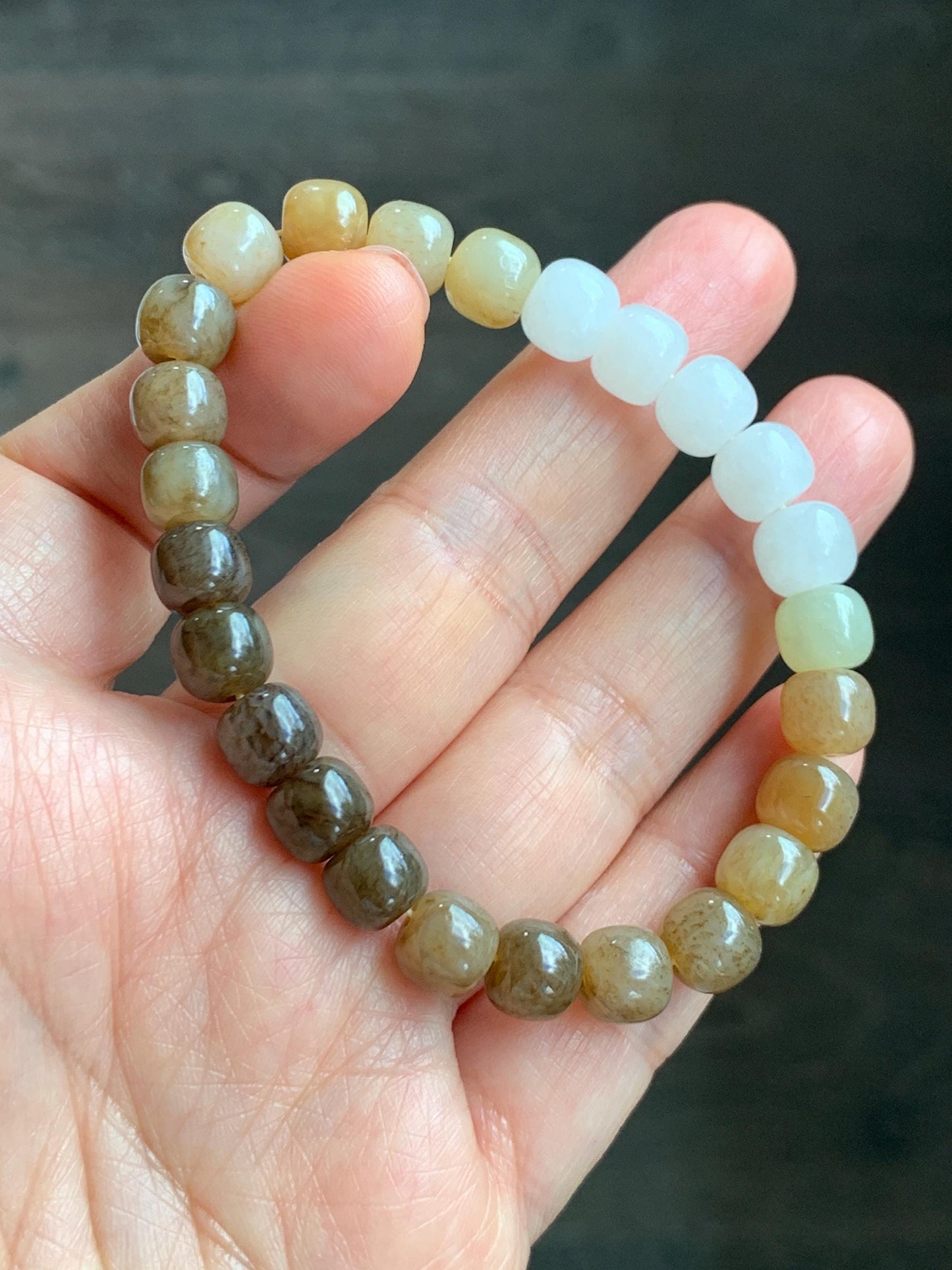 Natural Nephrite Jade Brown Sugar multicolored Translucent Drum Beads Beaded Bracelet Stretchy 6.75" 18g 天然和田玉糖色多宝鼓珠手串 HTT240B