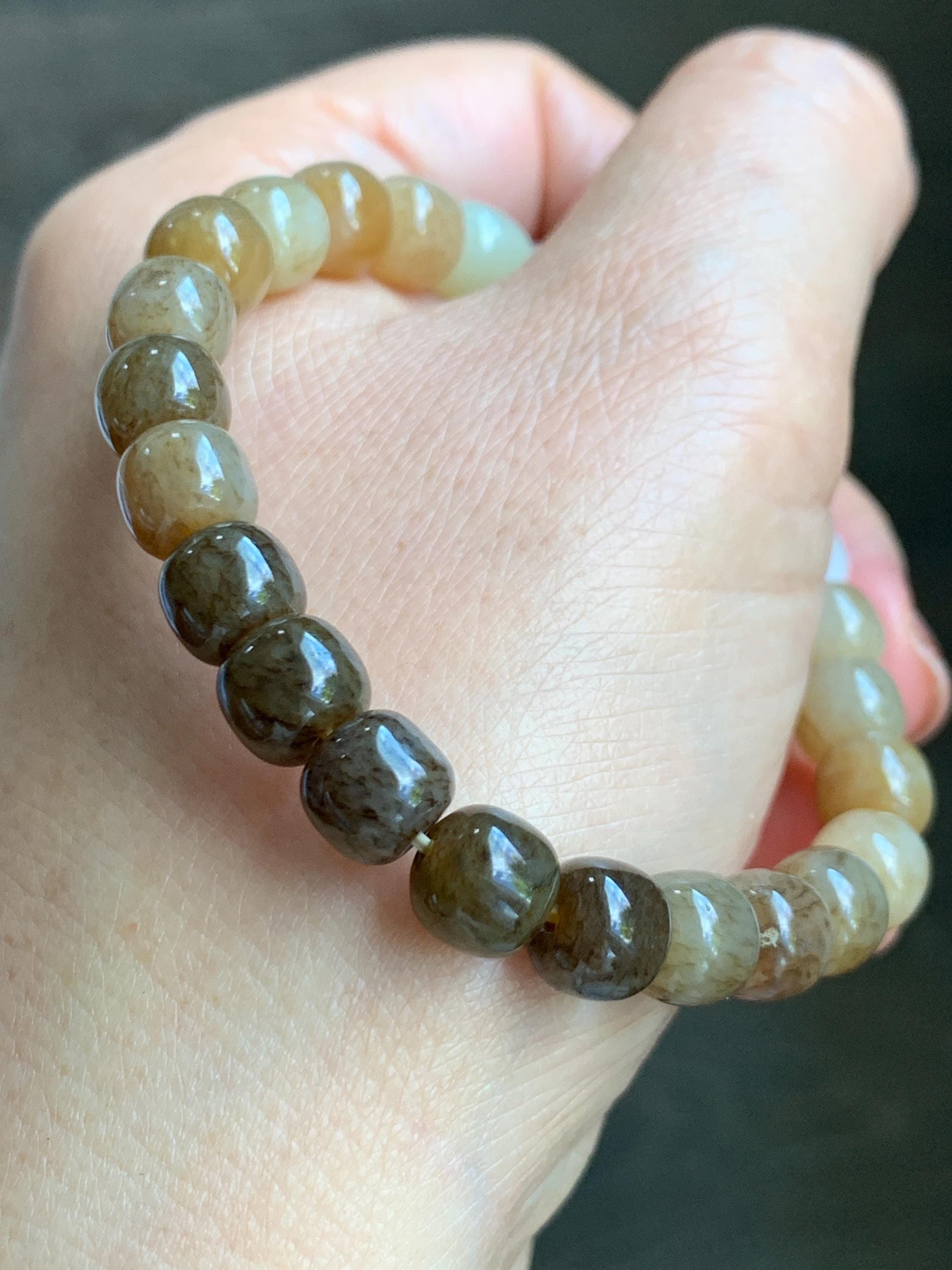 Natural Nephrite Jade Brown Sugar multicolored Translucent Drum Beads Beaded Bracelet Stretchy 6.75" 18g 天然和田玉糖色多宝鼓珠手串 HTT240B