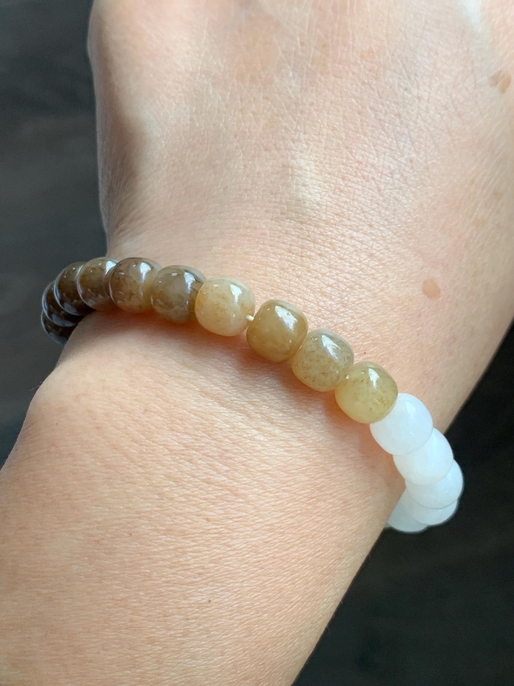 Natural Nephrite Jade Brown Sugar multicolored Translucent Drum Beads Beaded Bracelet Stretchy 6.75" 18g 天然和田玉糖色多宝鼓珠手串 HTT240B