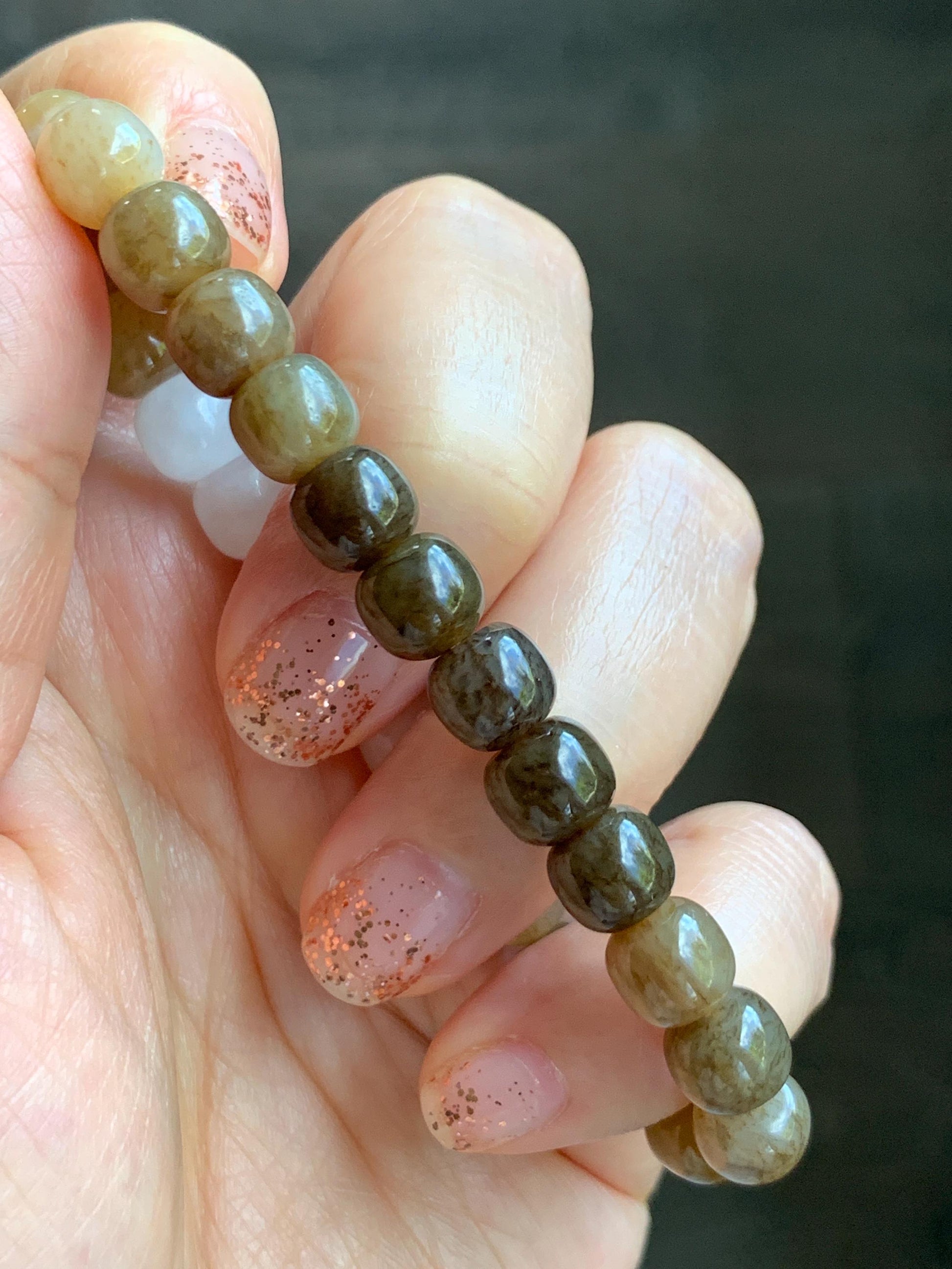 Natural Nephrite Jade Brown Sugar multicolored Translucent Drum Beads Beaded Bracelet Stretchy 6.75" 18g 天然和田玉糖色多宝鼓珠手串 HTT240B