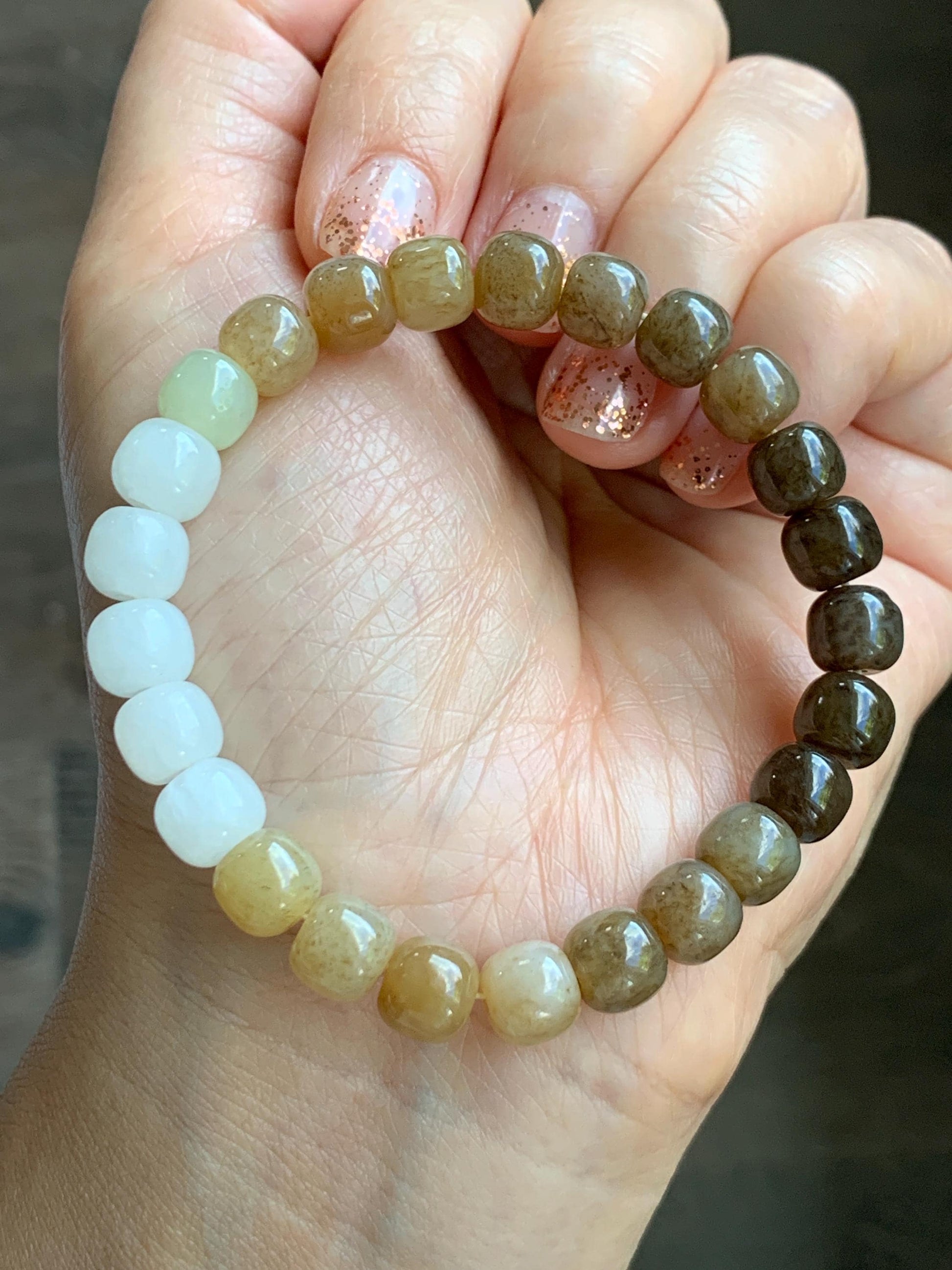 Natural Nephrite Jade Brown Sugar multicolored Translucent Drum Beads Beaded Bracelet Stretchy 6.75" 18g 天然和田玉糖色多宝鼓珠手串 HTT240B