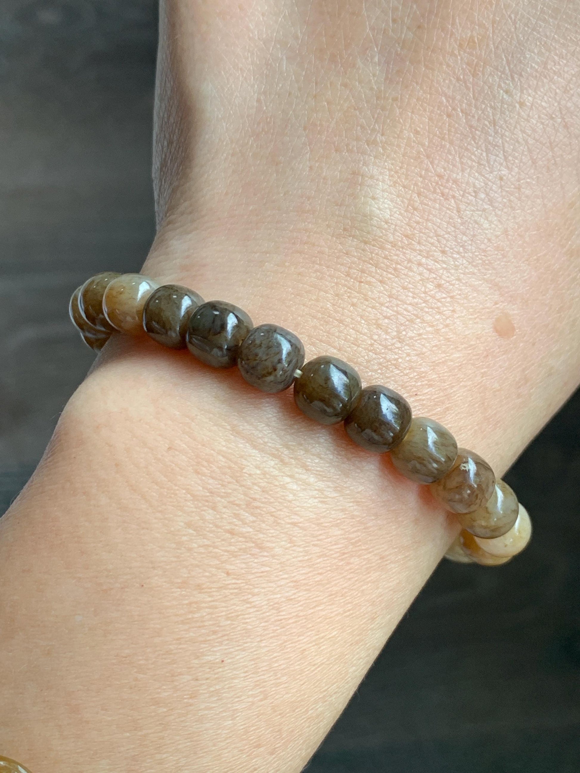 Natural Nephrite Jade Brown Sugar multicolored Translucent Drum Beads Beaded Bracelet Stretchy 6.75" 18g 天然和田玉糖色多宝鼓珠手串 HTT240B