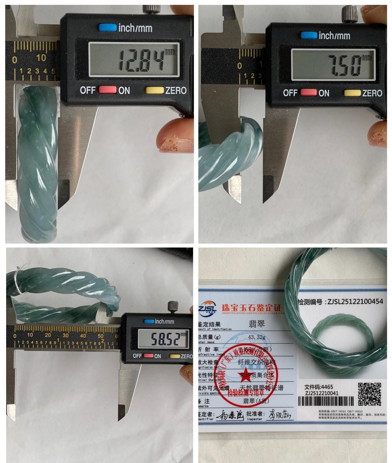 Certified Natural Grade A Guatemalan Icy Translucent Gelatinous Dusty Teal Jade Jadeite Carved Braid Bangle 58.5mm 7.23” 天然冰胶危蓝绿翡翠麻花手镯 454