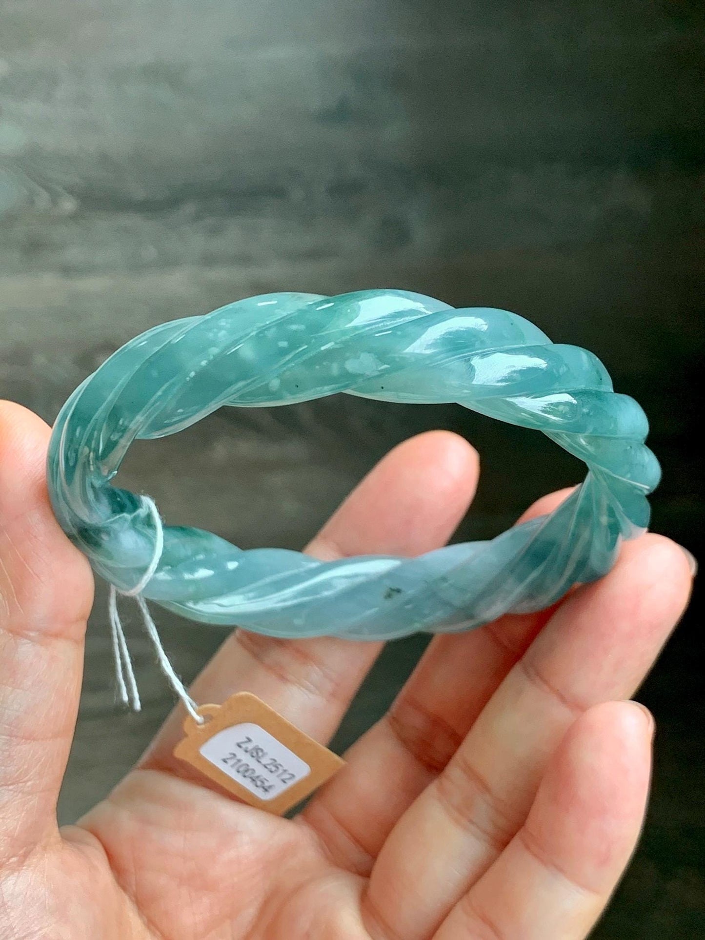 Certified Natural Grade A Guatemalan Icy Translucent Gelatinous Dusty Teal Jade Jadeite Carved Braid Bangle 58.5mm 7.23” 天然冰胶危蓝绿翡翠麻花手镯 454