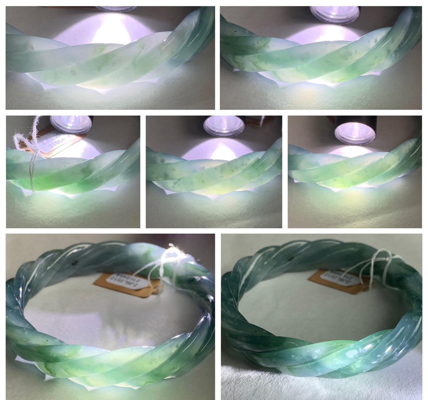 Certified Natural Grade A Guatemalan Icy Translucent Gelatinous Dusty Teal Jade Jadeite Carved Braid Bangle 58.5mm 7.23” 天然冰胶危蓝绿翡翠麻花手镯 454