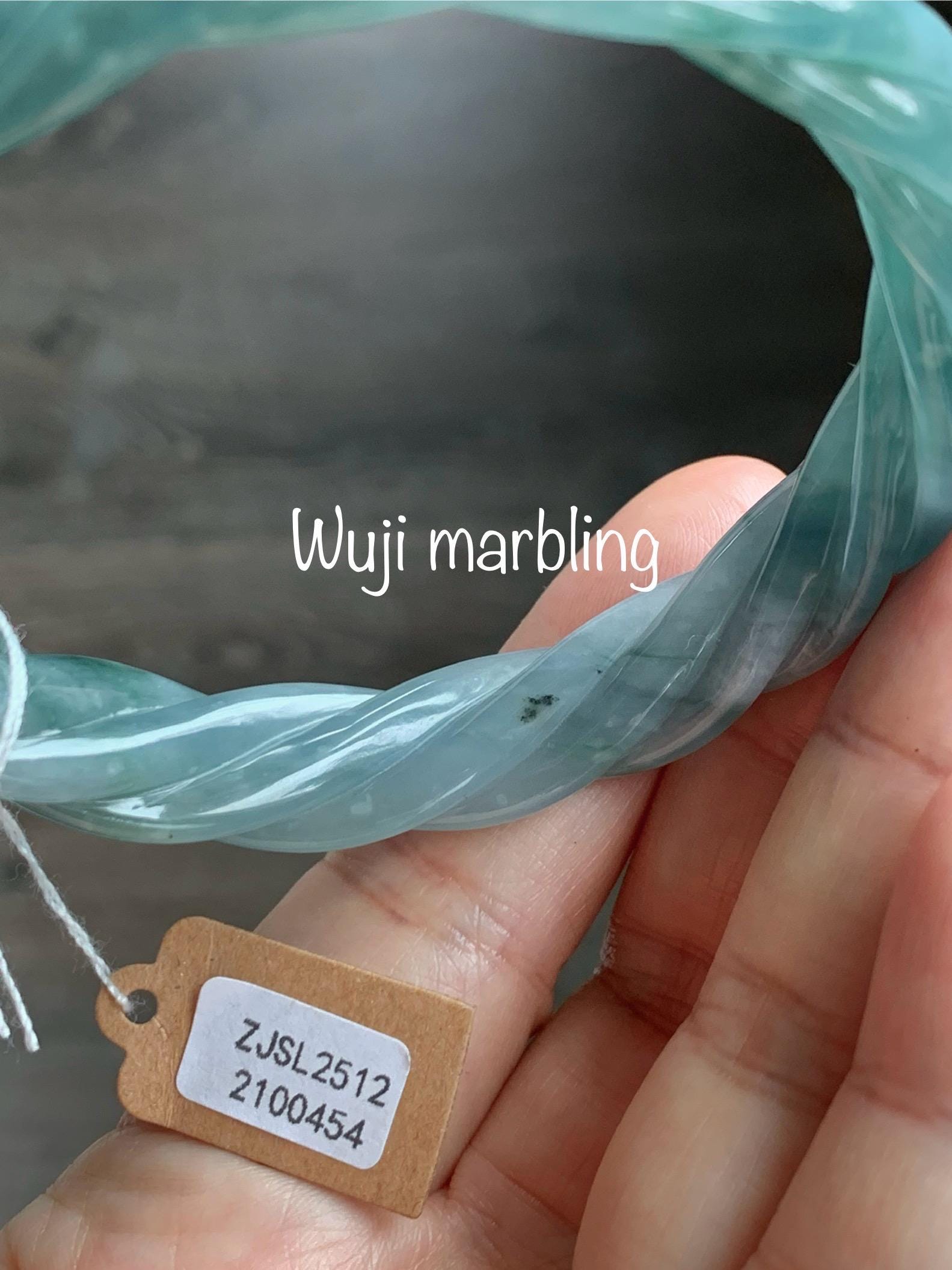 Certified Natural Grade A Guatemalan Icy Translucent Gelatinous Dusty Teal Jade Jadeite Carved Braid Bangle 58.5mm 7.23” 天然冰胶危蓝绿翡翠麻花手镯 454