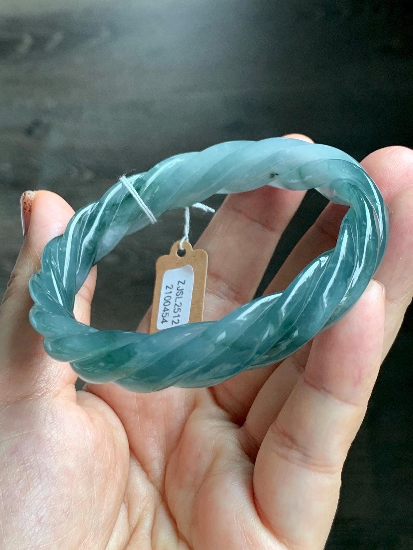 Certified Natural Grade A Guatemalan Icy Translucent Gelatinous Dusty Teal Jade Jadeite Carved Braid Bangle 58.5mm 7.23” 天然冰胶危蓝绿翡翠麻花手镯 454