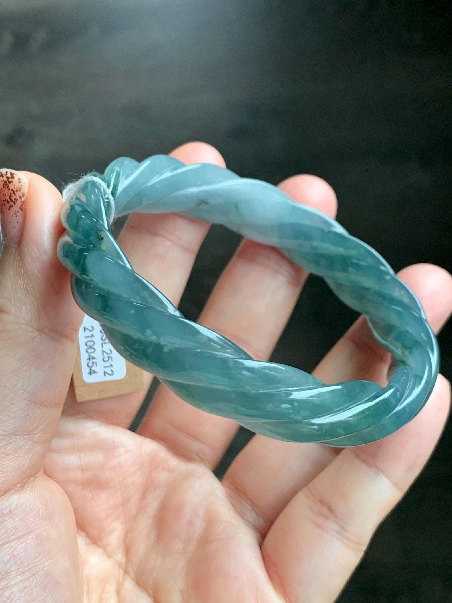 Certified Natural Grade A Guatemalan Icy Translucent Gelatinous Dusty Teal Jade Jadeite Carved Braid Bangle 58.5mm 7.23” 天然冰胶危蓝绿翡翠麻花手镯 454
