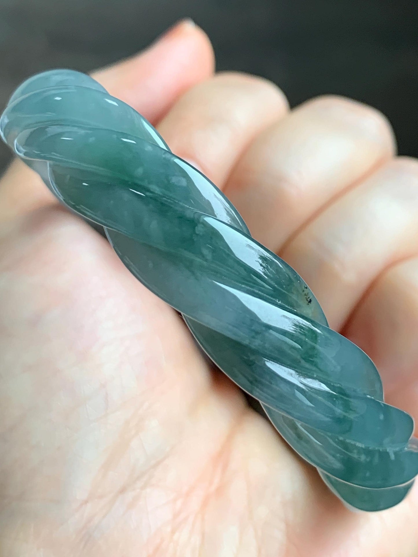 Certified Natural Grade A Guatemalan Icy Translucent Gelatinous Dusty Teal Jade Jadeite Carved Braid Bangle 58.5mm 7.23” 天然冰胶危蓝绿翡翠麻花手镯 454