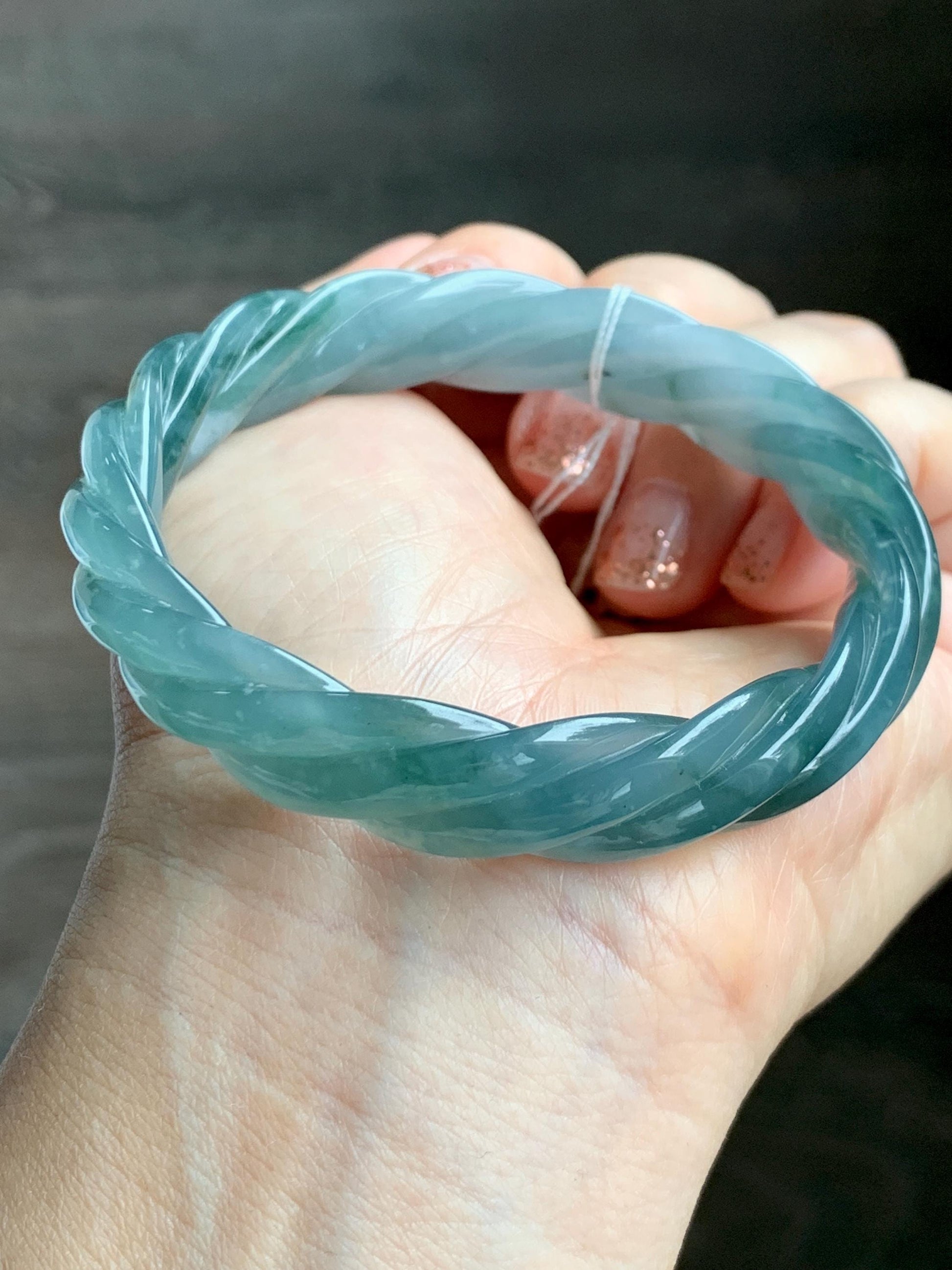 Certified Natural Grade A Guatemalan Icy Translucent Gelatinous Dusty Teal Jade Jadeite Carved Braid Bangle 58.5mm 7.23” 天然冰胶危蓝绿翡翠麻花手镯 454
