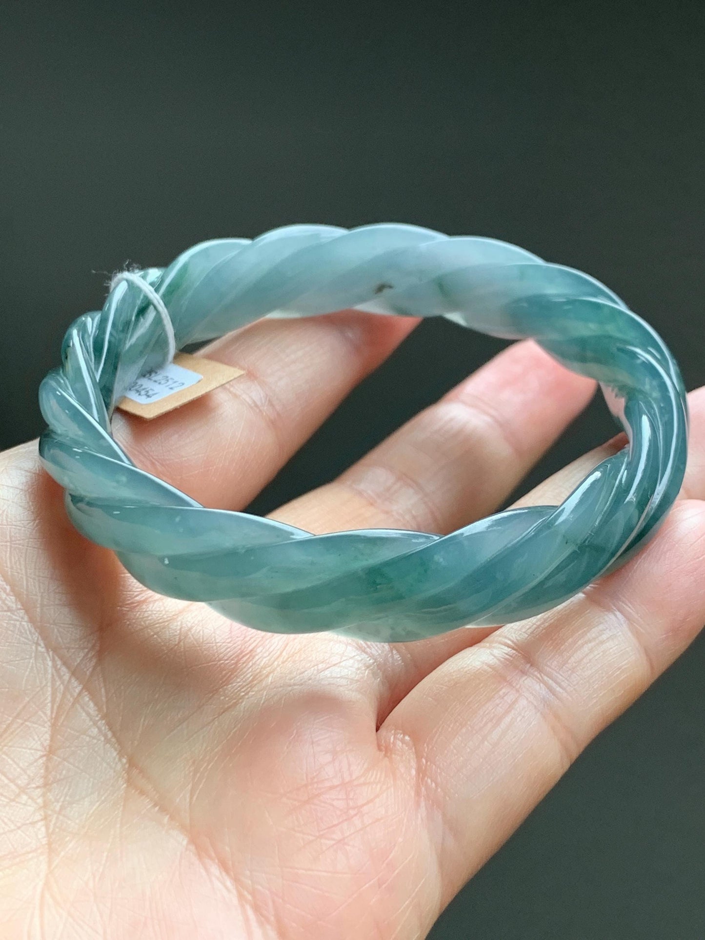 Certified Natural Grade A Guatemalan Icy Translucent Gelatinous Dusty Teal Jade Jadeite Carved Braid Bangle 58.5mm 7.23” 天然冰胶危蓝绿翡翠麻花手镯 454