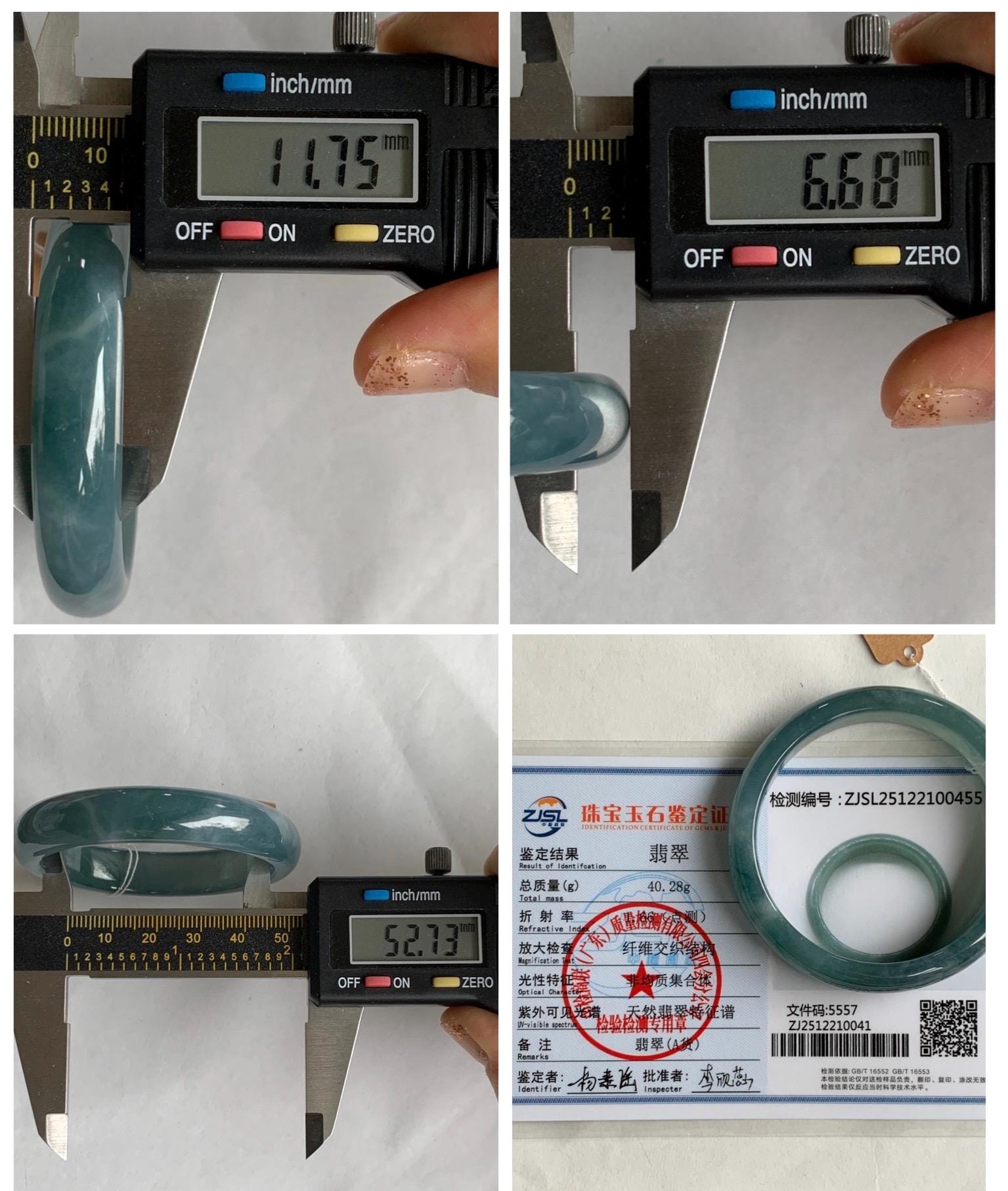 Certified Natural Grade A Guatemalan Icy Translucent Dusty Teal Blue Jade Jadeite Wide Bangle 52.7mm 6.5” 40.28g 天然冰危蓝翡翠正圈宽版手镯 455