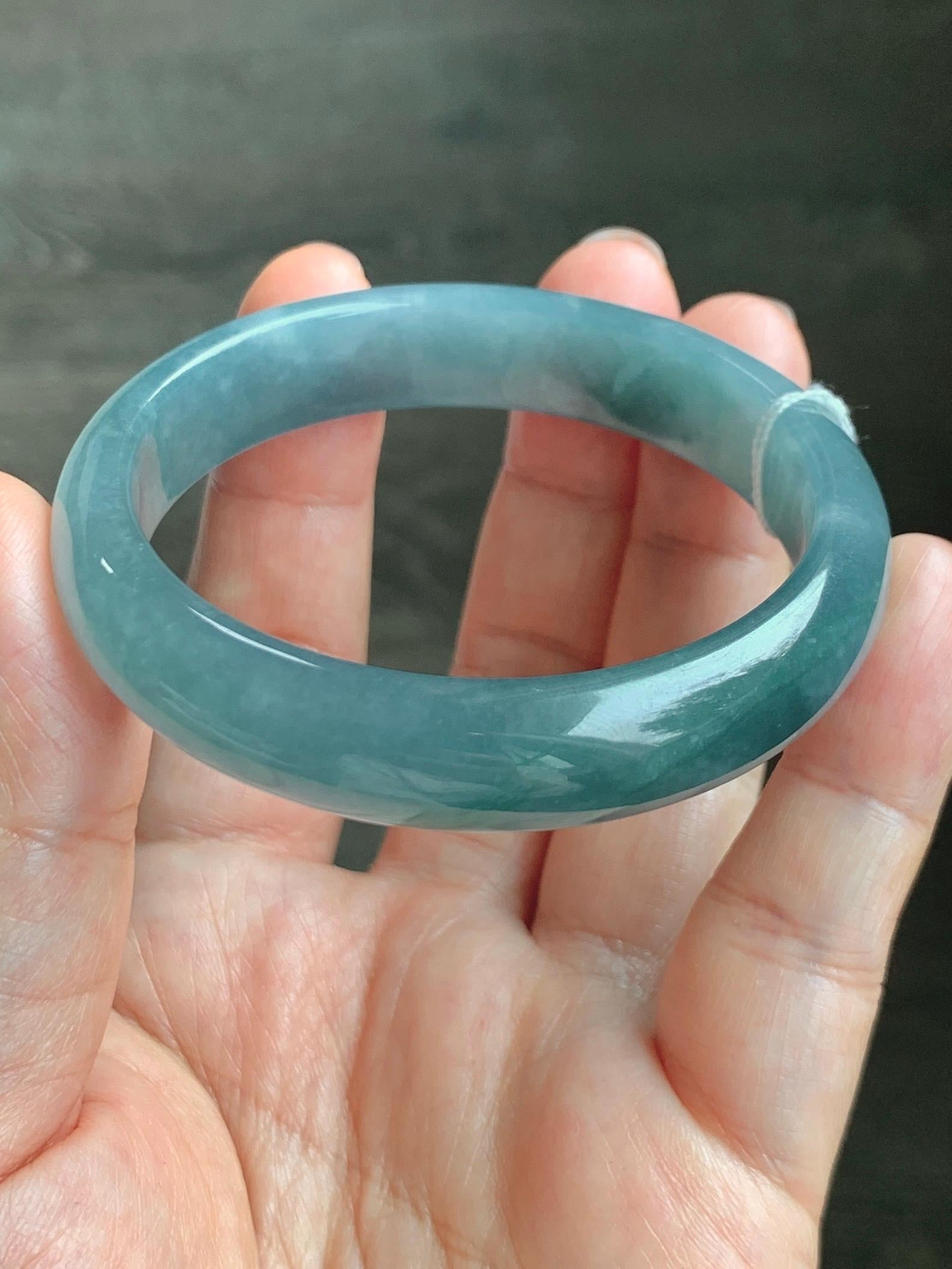 Certified Natural Grade A Guatemalan Icy Translucent Dusty Teal Blue Jade Jadeite Wide Bangle 52.7mm 6.5” 40.28g 天然冰危蓝翡翠正圈宽版手镯 455