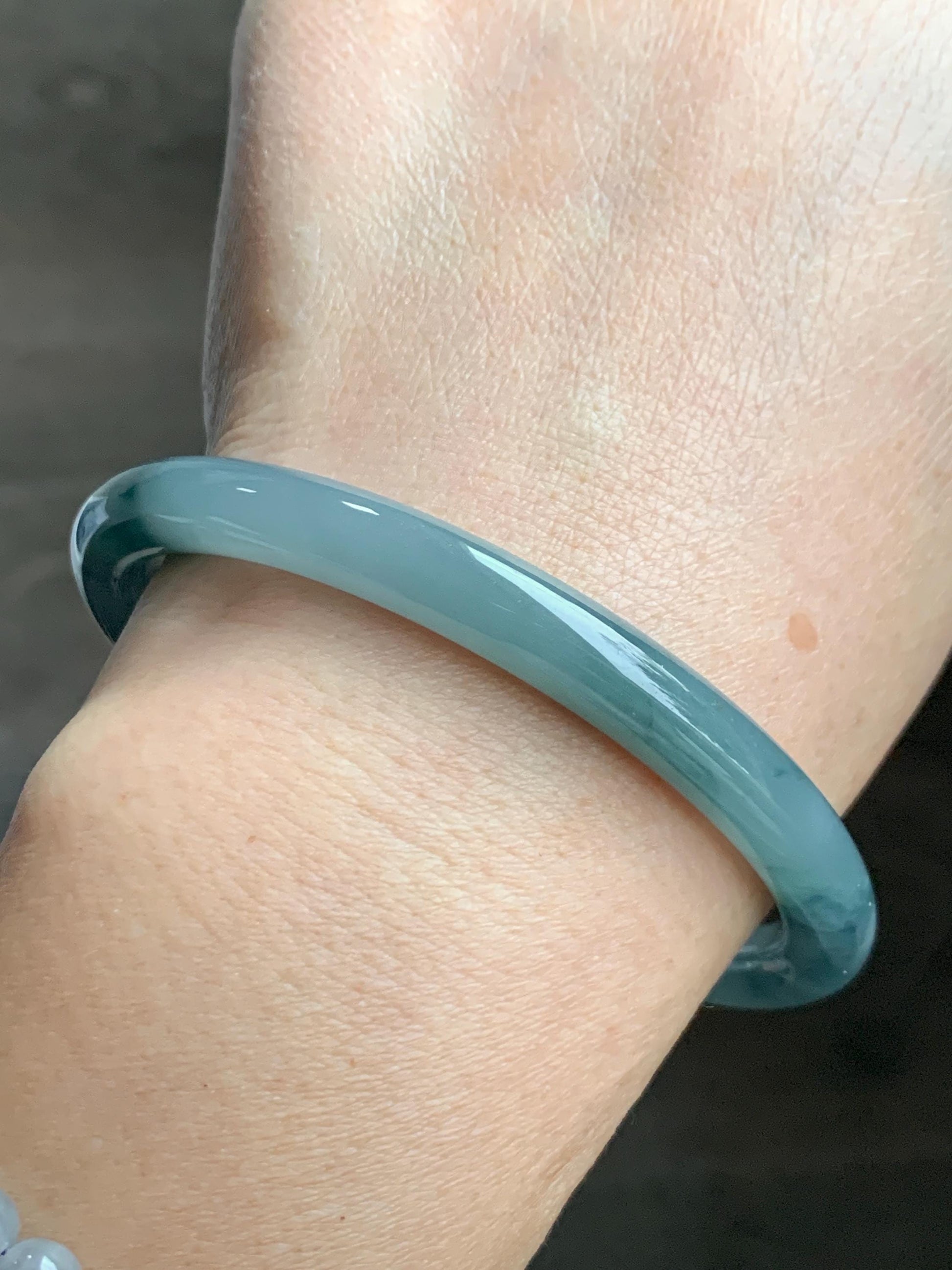 Certified Natural Grade A Guatemalan Icy Translucent Dusty Teal Blue Jade Jadeite Bangle 60.8mm 7.5” 29.6g 天然冰危蓝紫翡翠圆条手镯 471