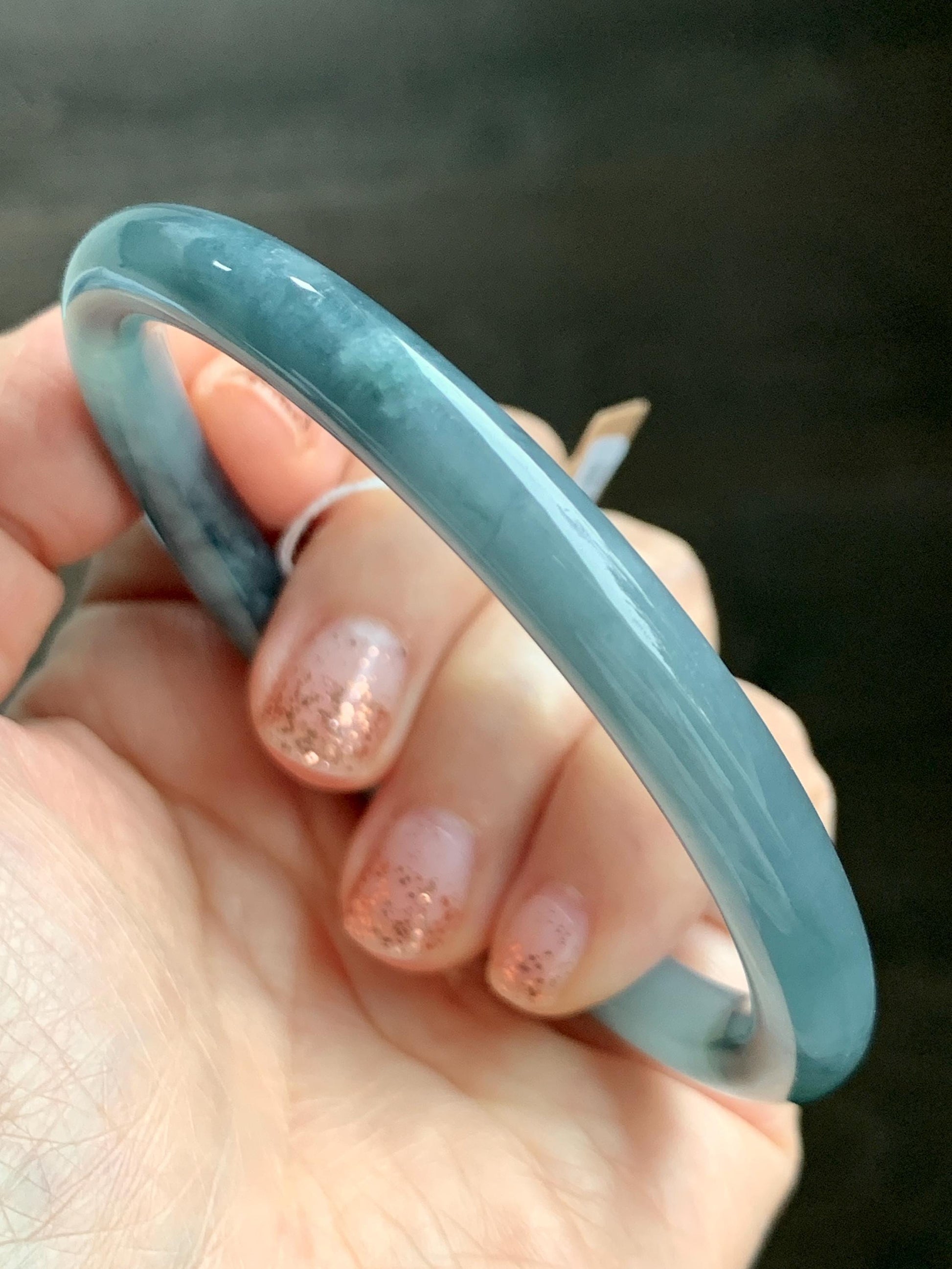 Certified Natural Grade A Guatemalan Icy Translucent Dusty Teal Blue Jade Jadeite Bangle 60.8mm 7.5” 29.6g 天然冰危蓝紫翡翠圆条手镯 471