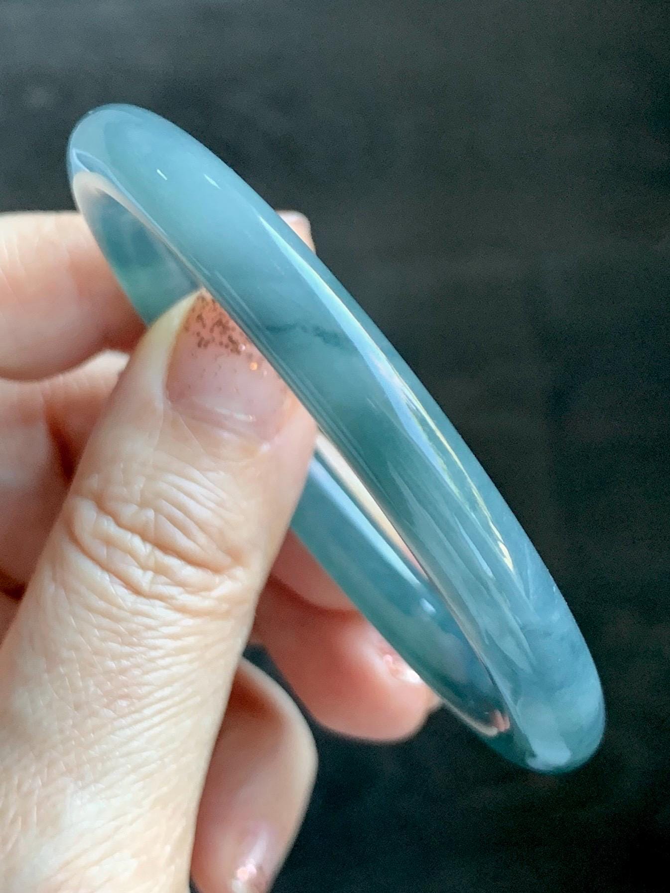 Certified Natural Grade A Guatemalan Icy Translucent Teal Blue Jade Jadeite Bangle 52.9mm 6.53” 25.8g 天然冰危蓝翡翠圆条手镯 451
