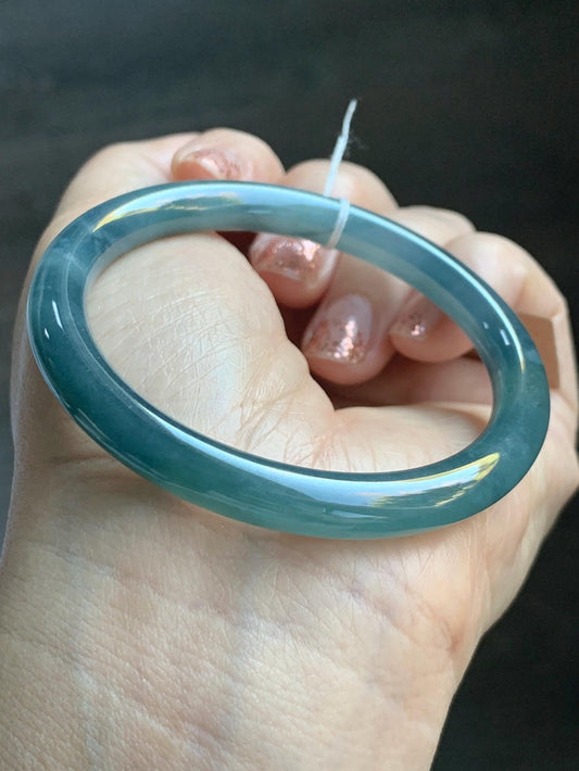 Certified Natural Grade A Guatemalan Icy Translucent Teal Blue Jade Jadeite Bangle 52.9mm 6.53” 25.8g 天然冰危蓝翡翠圆条手镯 451