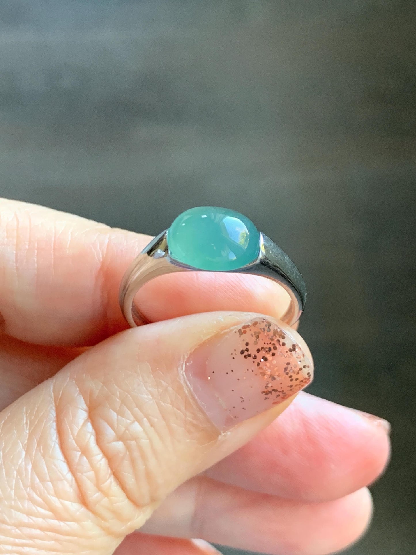 Natural Grade A Guatemalan Icy Translucent Teal Green Oval Cabochon Jade Jadeite Ring Sterling Silver Size Adjustable 天然冰危蓝绿翡翠银镶戒指 JDX223A