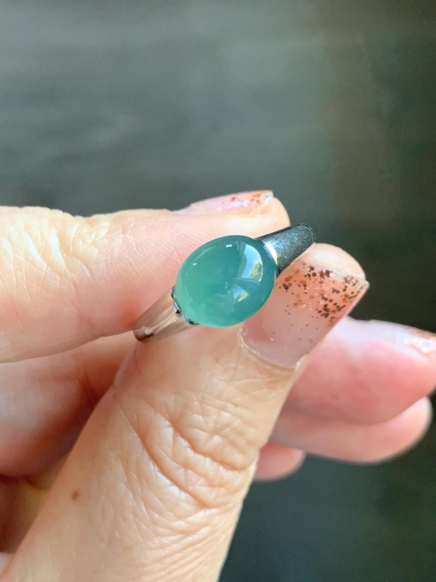 Natural Grade A Guatemalan Icy Translucent Teal Green Oval Cabochon Jade Jadeite Ring Sterling Silver Size Adjustable 天然冰危蓝绿翡翠银镶戒指 JDX223A