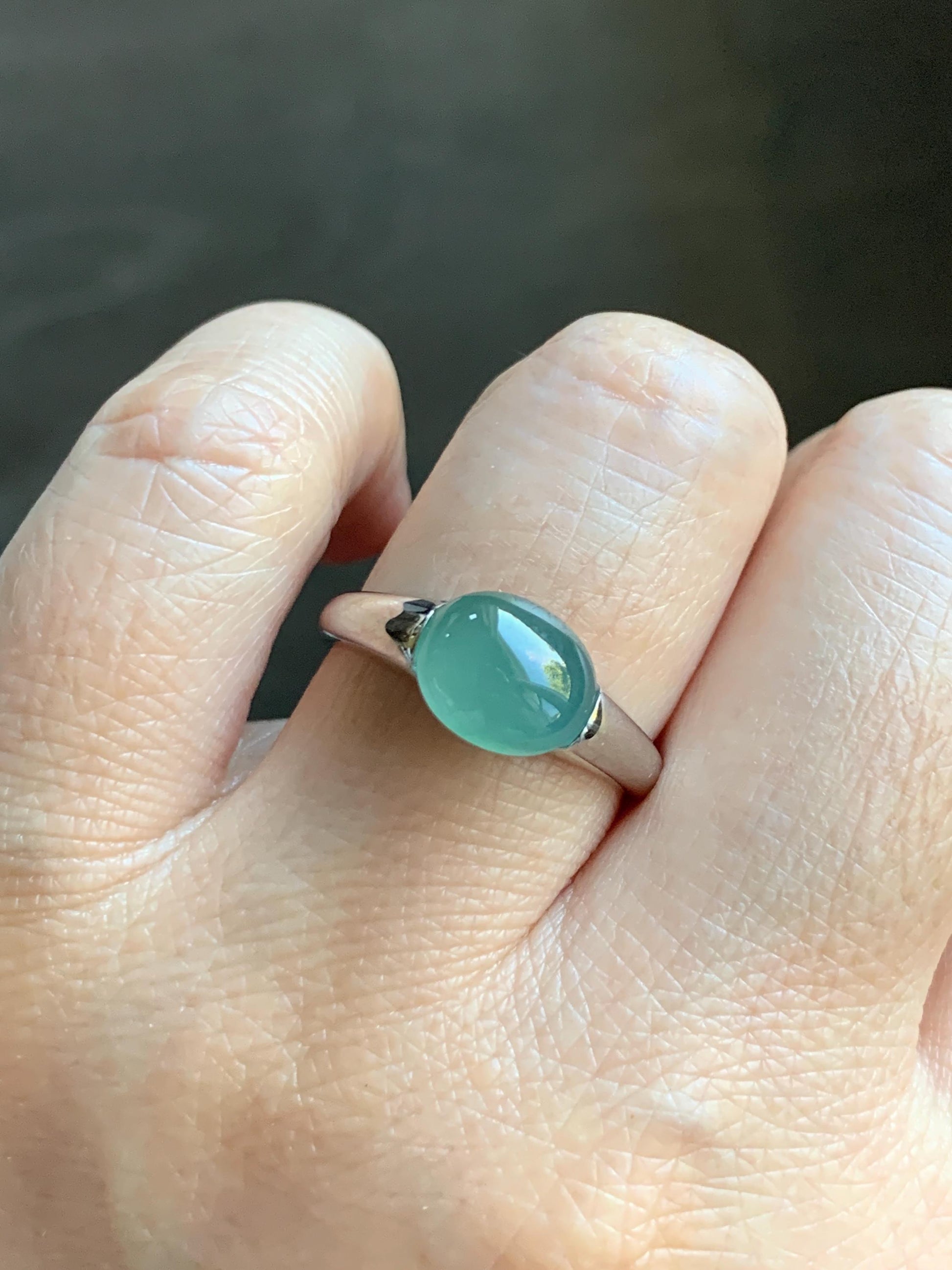 Natural Grade A Guatemalan Icy Translucent Teal Green Oval Cabochon Jade Jadeite Ring Sterling Silver Size Adjustable 天然冰危蓝绿翡翠银镶戒指 JDX223A