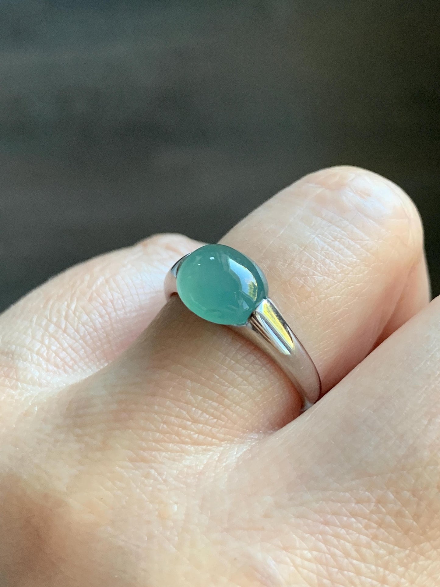 Natural Grade A Guatemalan Icy Translucent Teal Green Oval Cabochon Jade Jadeite Ring Sterling Silver Size Adjustable 天然冰危蓝绿翡翠银镶戒指 JDX223A