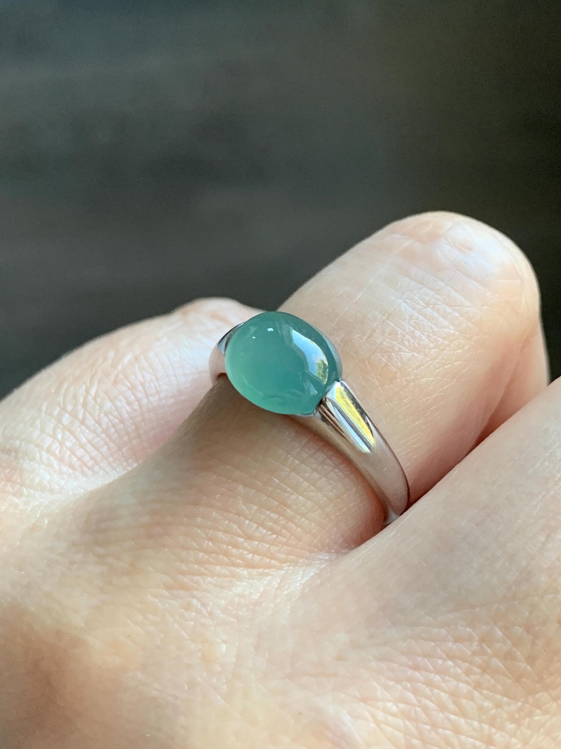 Natural Grade A Guatemalan Icy Translucent Teal Green Oval Cabochon Jade Jadeite Ring Sterling Silver Size Adjustable 天然冰危蓝绿翡翠银镶戒指 JDX223A