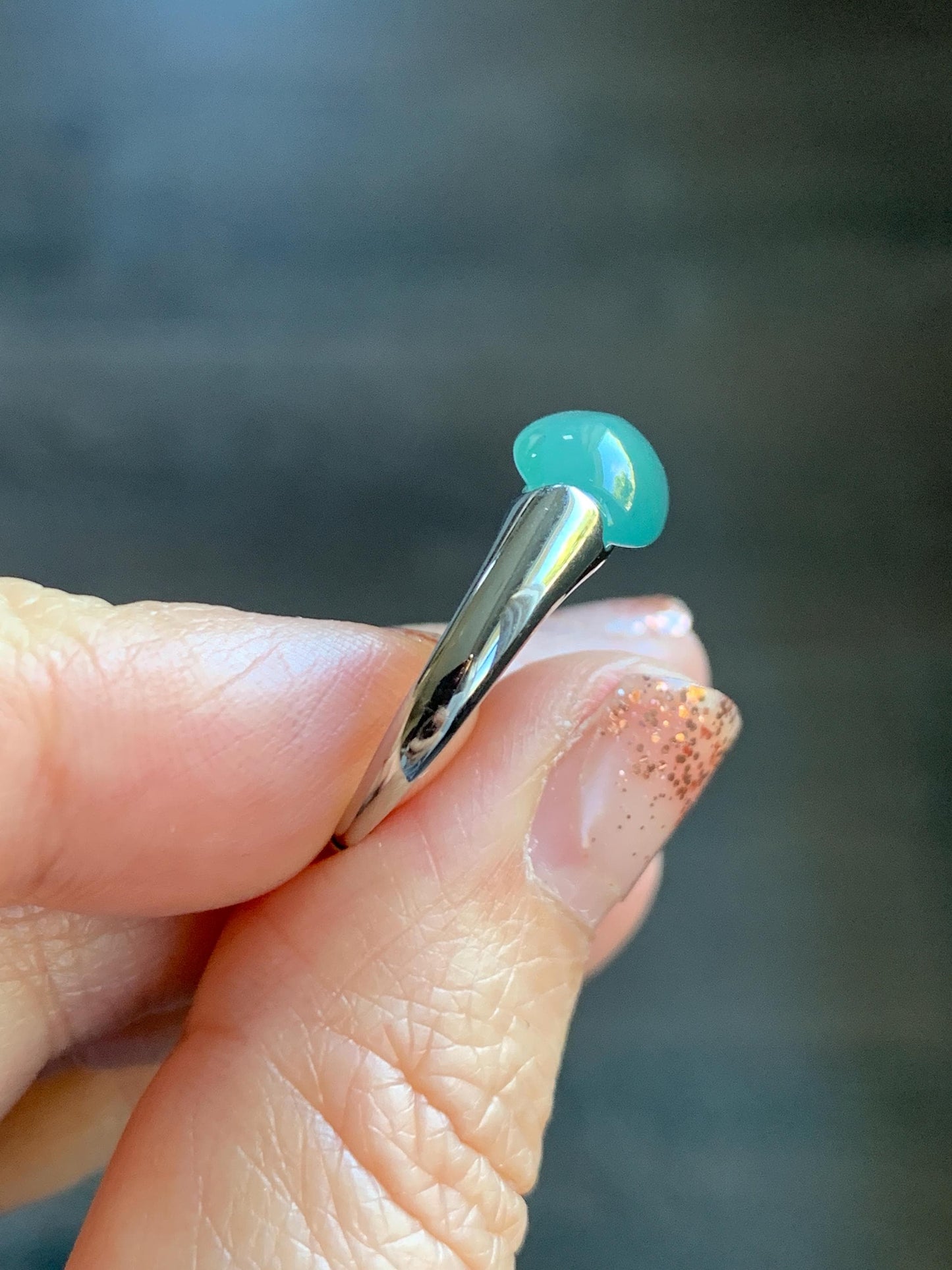 Natural Grade A Guatemalan Icy Translucent Teal Green Oval Cabochon Jade Jadeite Ring Sterling Silver Size Adjustable 天然冰危蓝绿翡翠银镶戒指 JDX223A