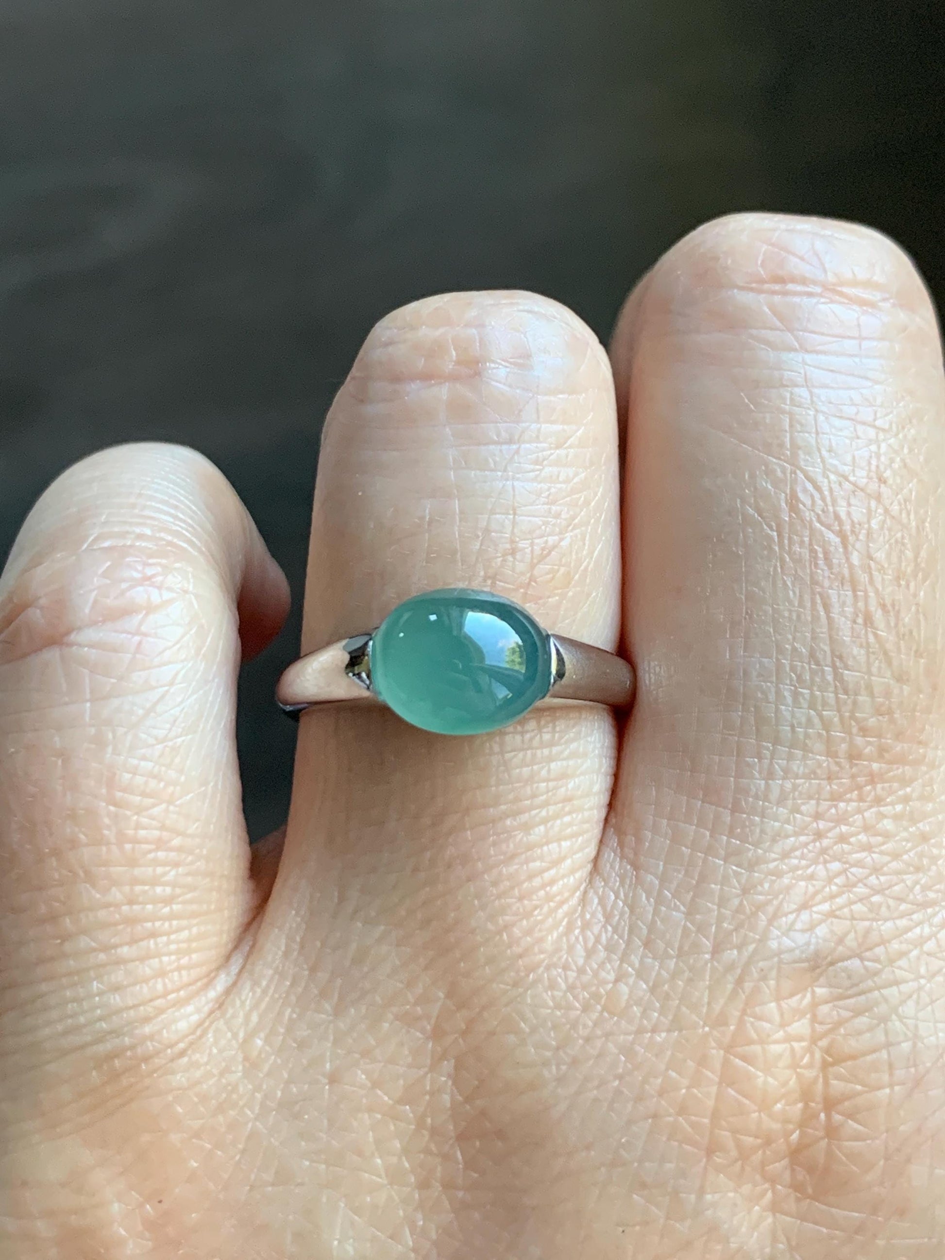 Natural Grade A Guatemalan Icy Translucent Teal Green Oval Cabochon Jade Jadeite Ring Sterling Silver Size Adjustable 天然冰危蓝绿翡翠银镶戒指 JDX223A