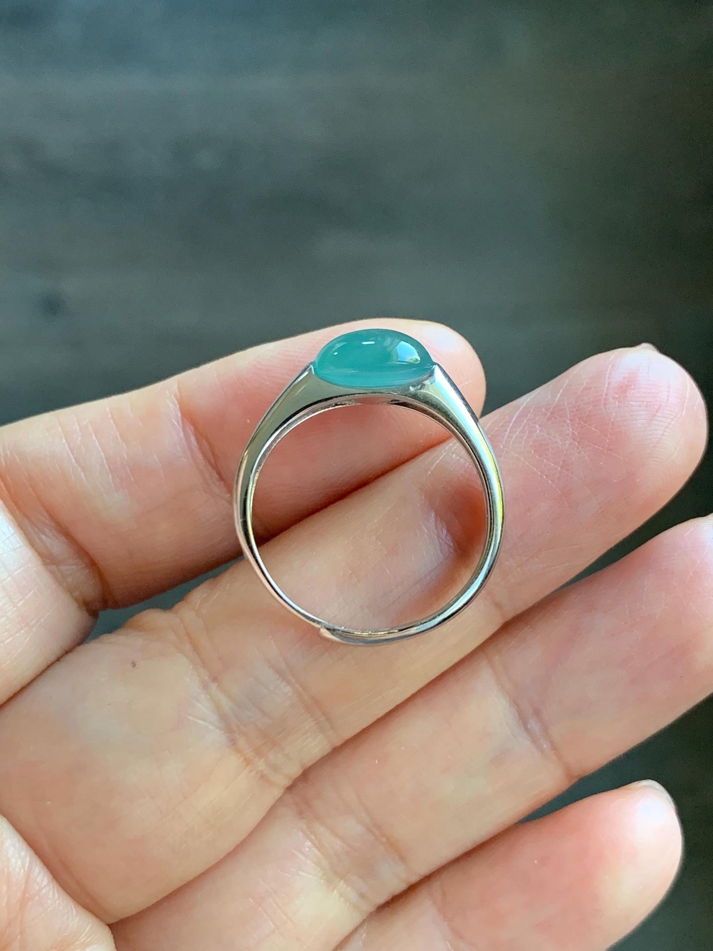 Natural Grade A Guatemalan Icy Translucent Teal Green Oval Cabochon Jade Jadeite Ring Sterling Silver Size Adjustable 天然冰危蓝绿翡翠银镶戒指 JDX223A