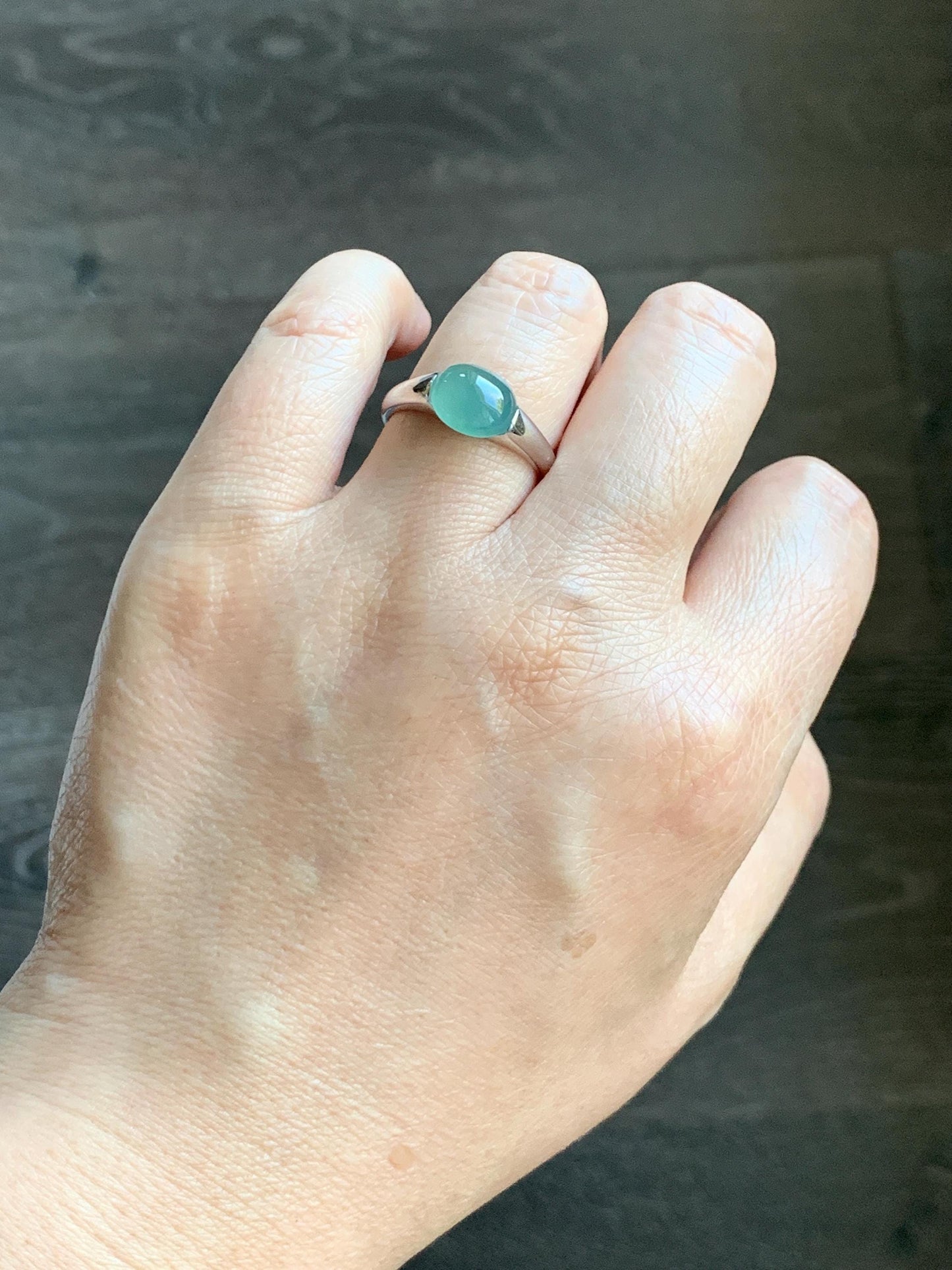 Natural Grade A Guatemalan Icy Translucent Teal Green Oval Cabochon Jade Jadeite Ring Sterling Silver Size Adjustable 天然冰危蓝绿翡翠银镶戒指 JDX223A
