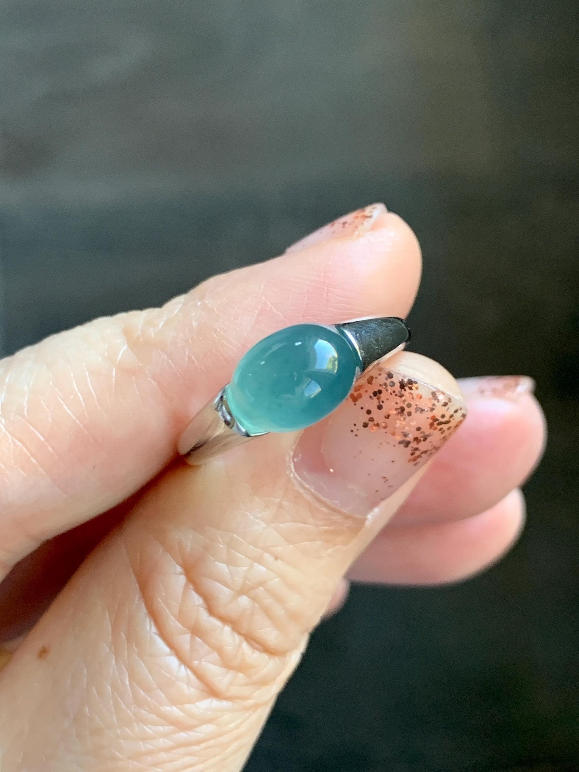 Natural Grade A Guatemalan Icy Translucent Teal Blue Oval Cabochon Jade Jadeite Ring Sterling Silver Size Adjustable 天然冰危蓝绿翡翠银镶戒指 JDX223B