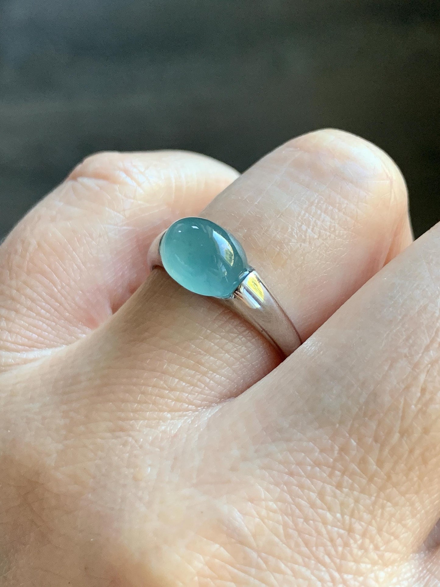 Natural Grade A Guatemalan Icy Translucent Teal Blue Oval Cabochon Jade Jadeite Ring Sterling Silver Size Adjustable 天然冰危蓝绿翡翠银镶戒指 JDX223B