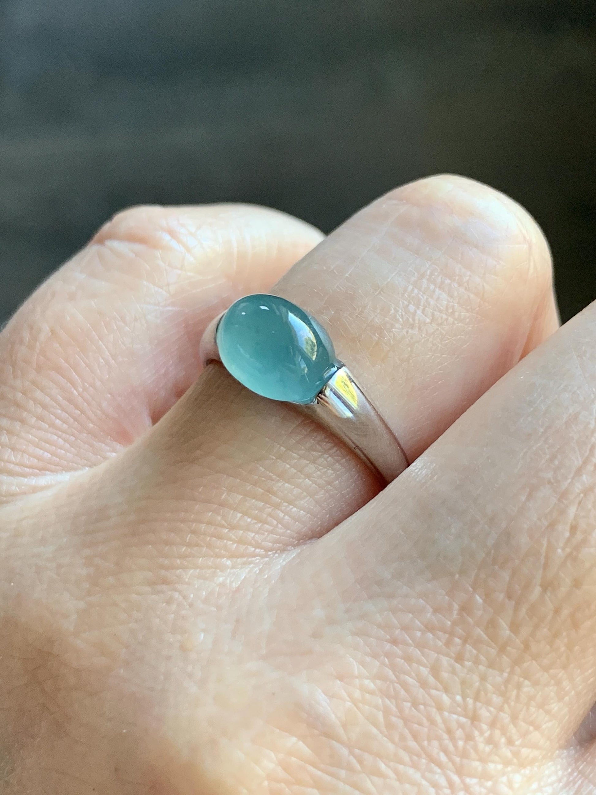 Natural Grade A Guatemalan Icy Translucent Teal Blue Oval Cabochon Jade Jadeite Ring Sterling Silver Size Adjustable 天然冰危蓝绿翡翠银镶戒指 JDX223B